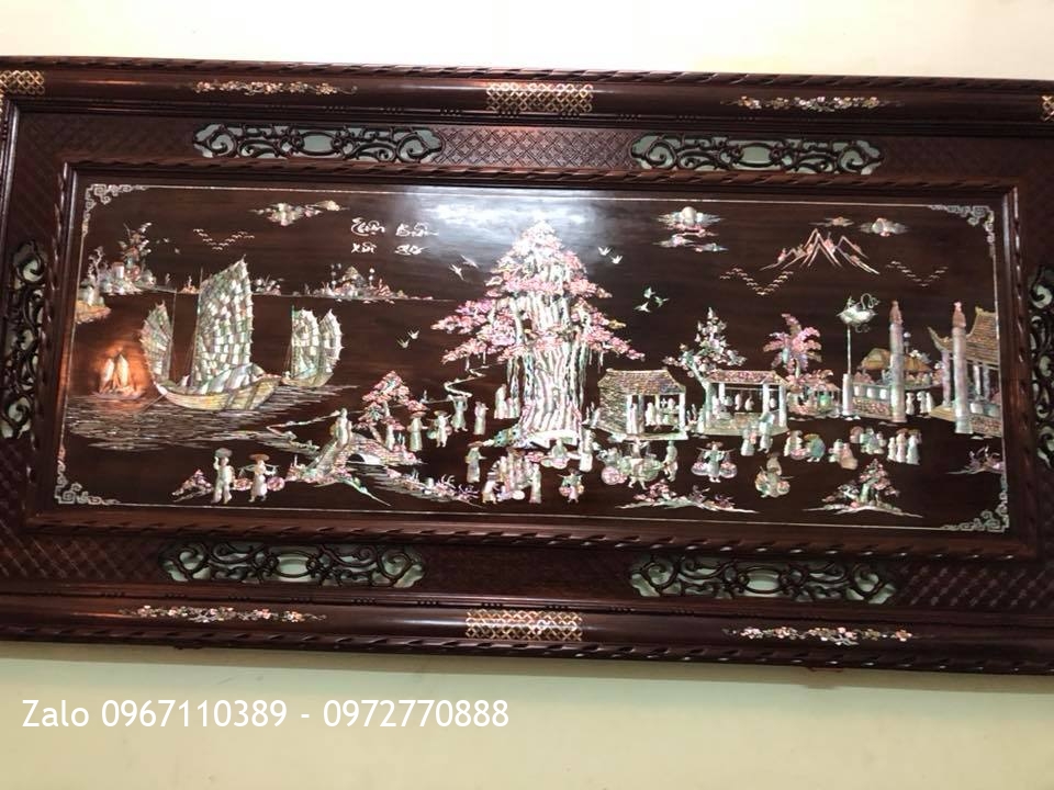 Tranh Đồng Quê Khảm Ốc Singapo. Gỗ Gụ 2m17-1m07: