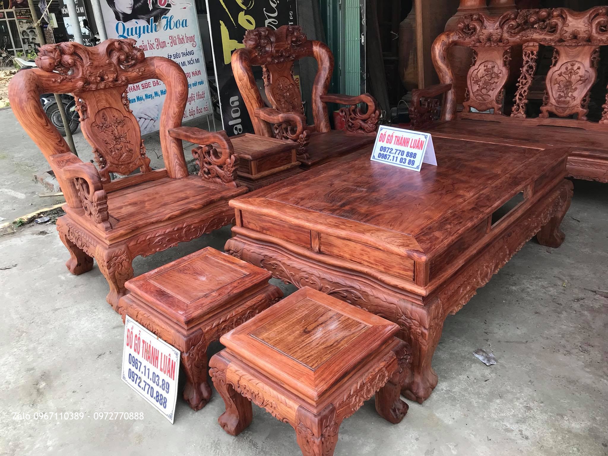 Bộ Bàn Ghế Minh Quốc Đào Chim Gỗ Cẩm Lai Cột 14 Gồm 10 Món Víp