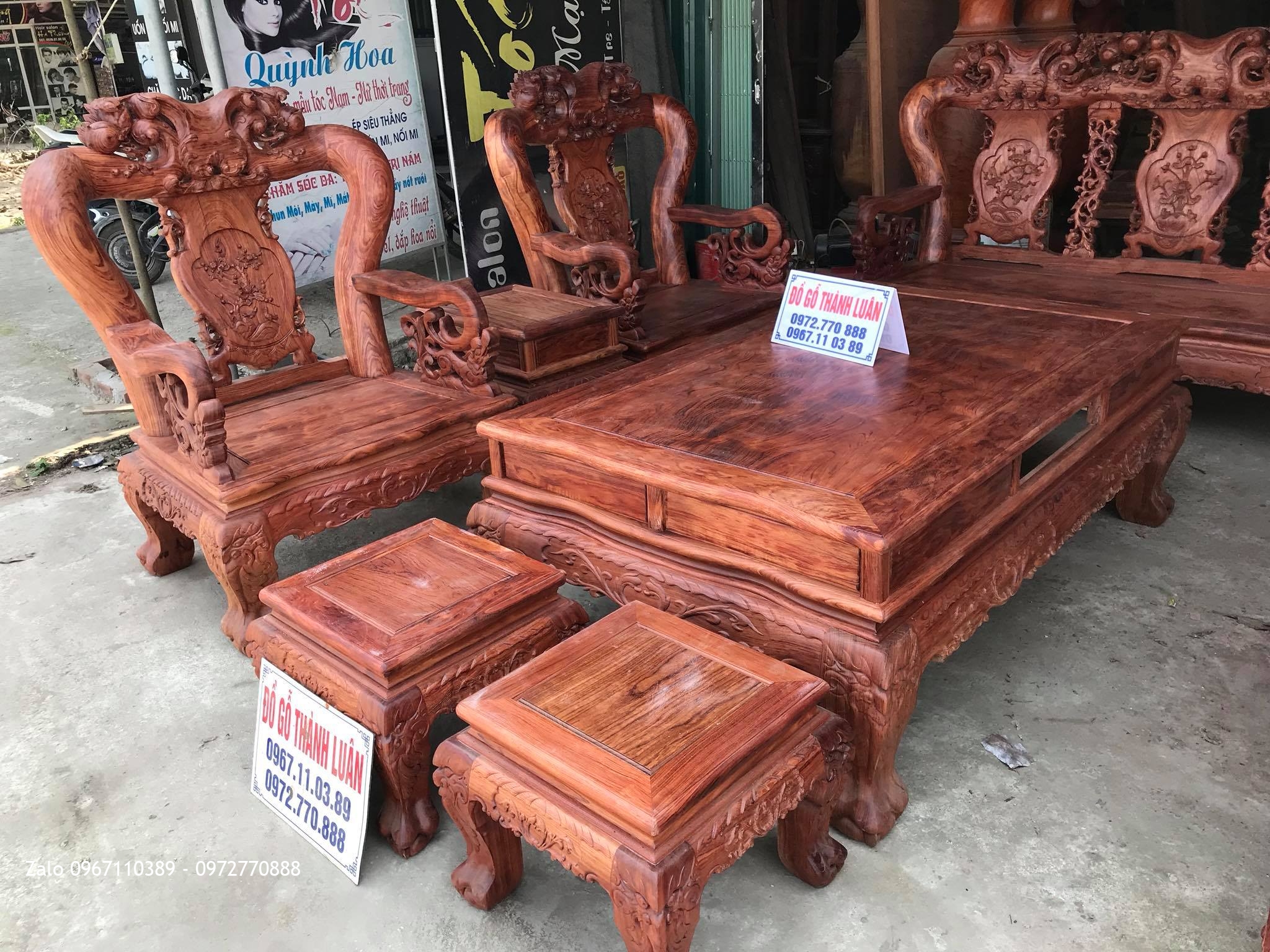 Bộ Bàn Ghế Minh Quốc Đào Chim Gỗ Cẩm Lai Cột 14 Gồm 10 Món Víp