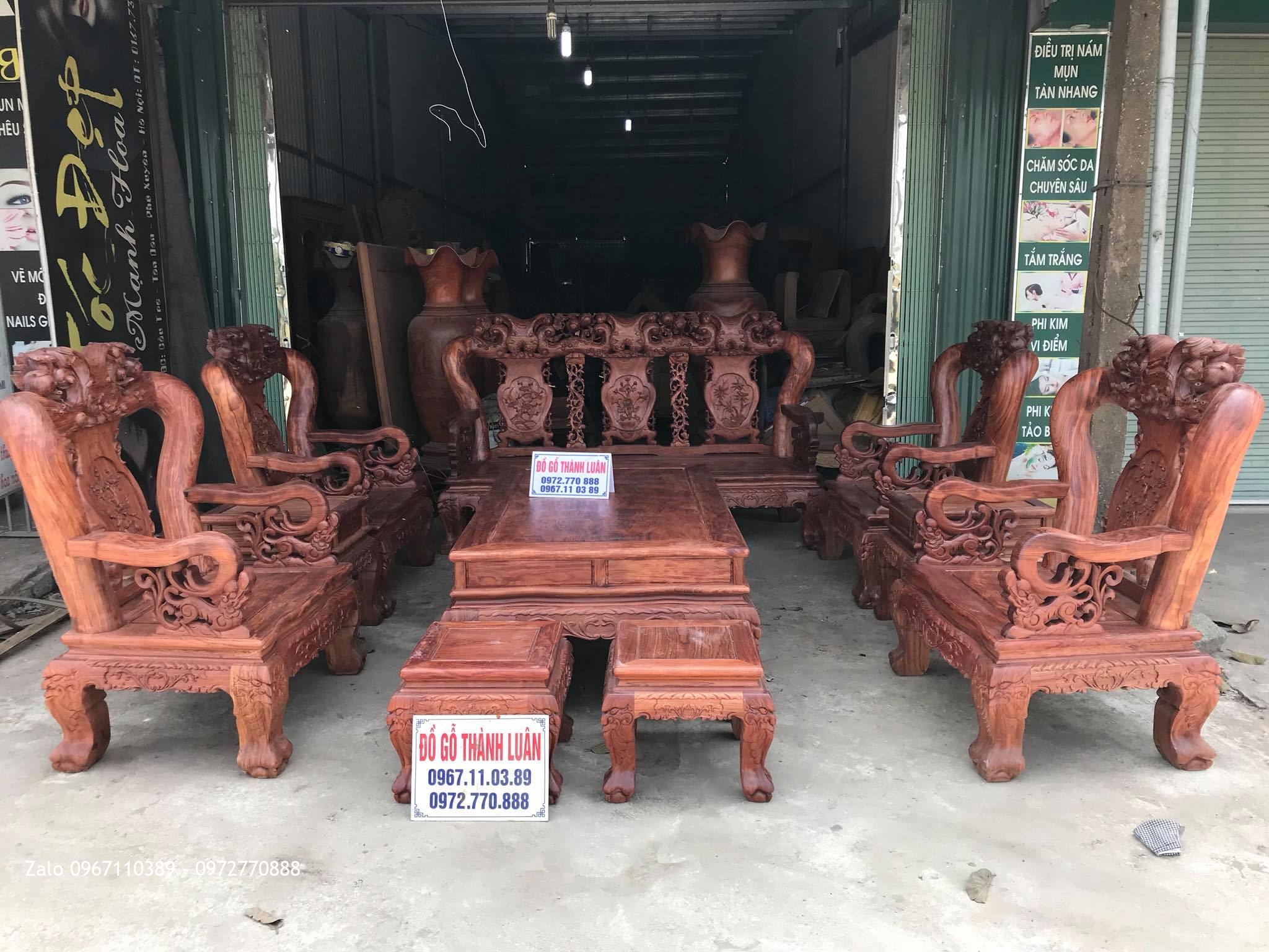 Bộ Bàn Ghế Minh Quốc Đào Chim Gỗ Cẩm Lai Cột 14 Gồm 10 Món Víp