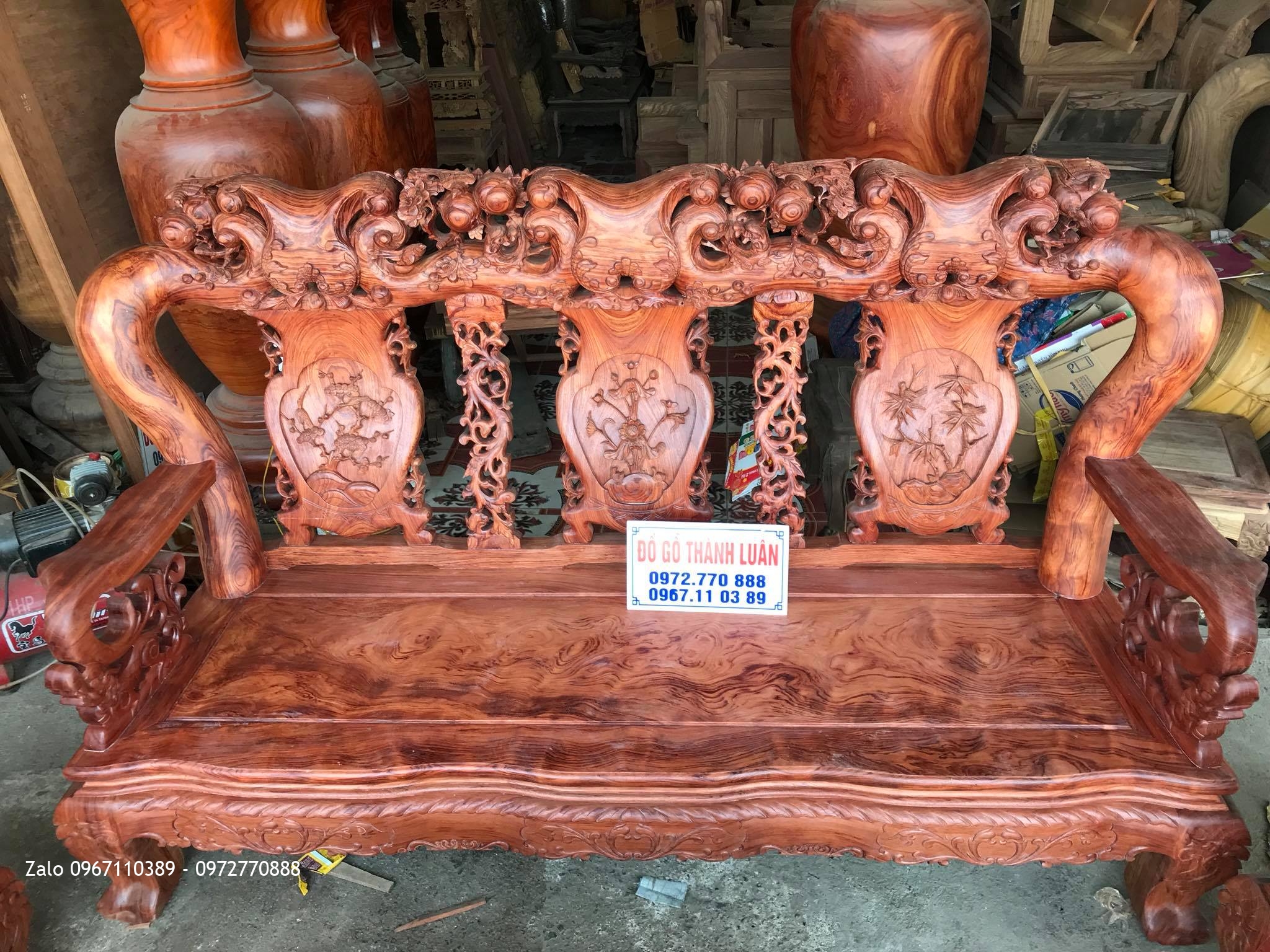 Bộ Bàn Ghế Minh Quốc Đào Chim Gỗ Cẩm Lai Cột 14 Gồm 10 Món Víp,,