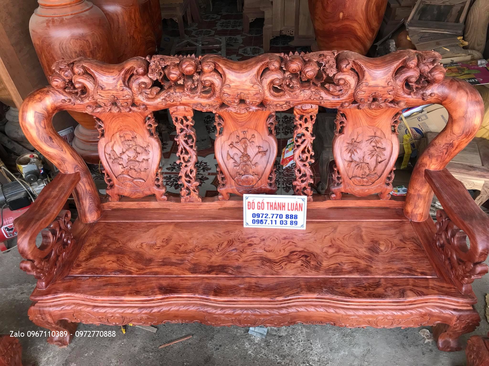 Bộ Bàn Ghế Minh Quốc Đào Chim Gỗ Cẩm Lai Cột 14 Gồm 10 Món Víp,