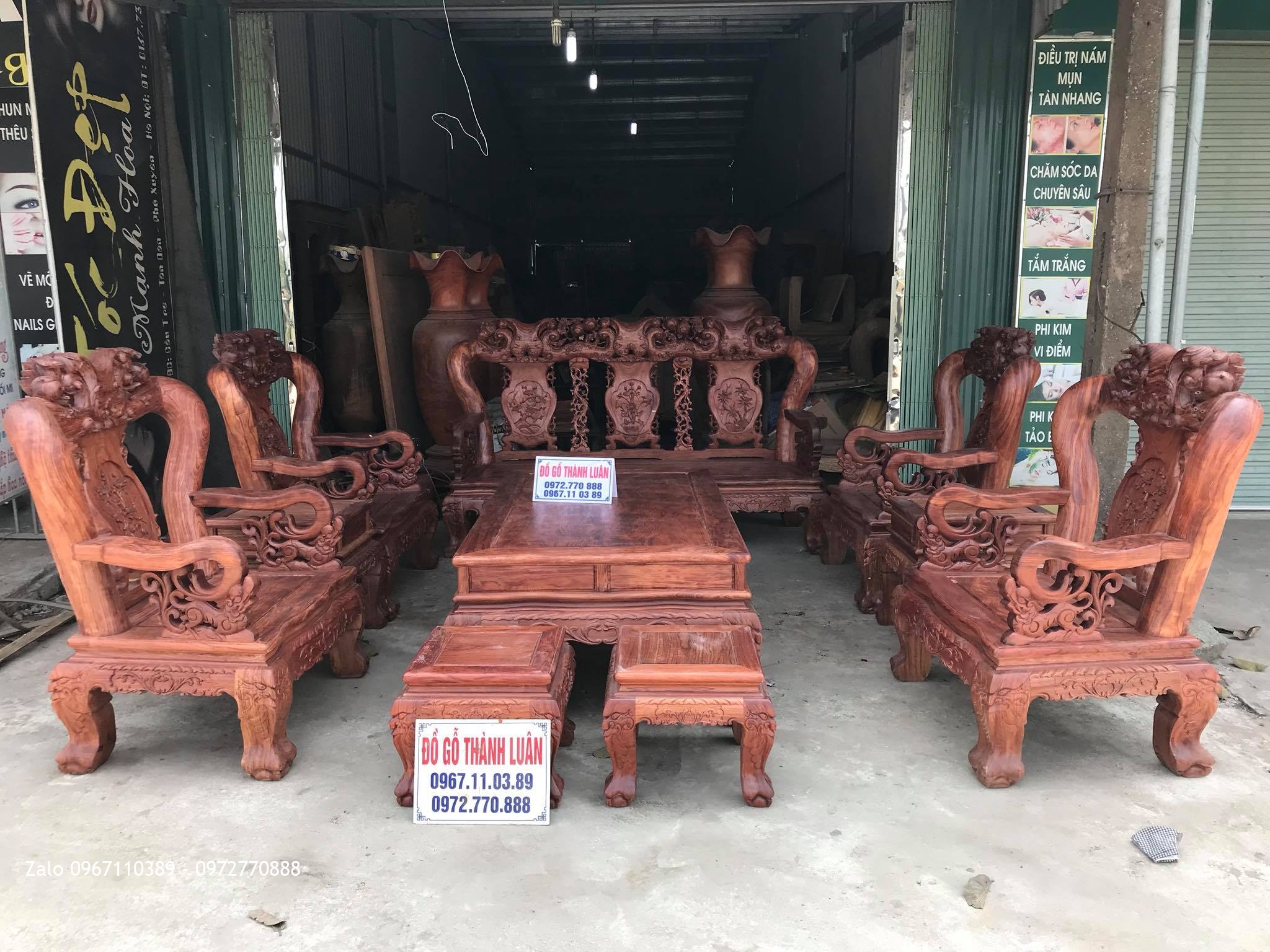 Bộ Bàn Ghế Minh Quốc Đào Chim Gỗ Cẩm Lai Cột 14 Gồm 10 Món Víp