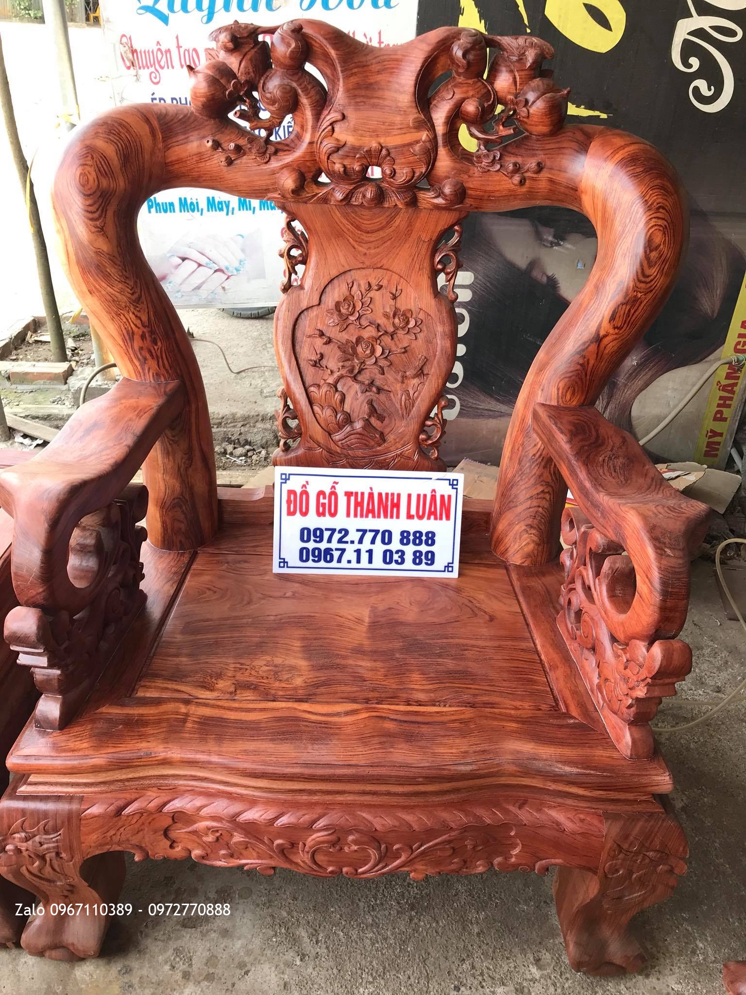 Bộ Bàn Ghế Minh Quốc Đào Chim Gỗ Cẩm Lai Cột 14 Gồm 10 Món Víp: