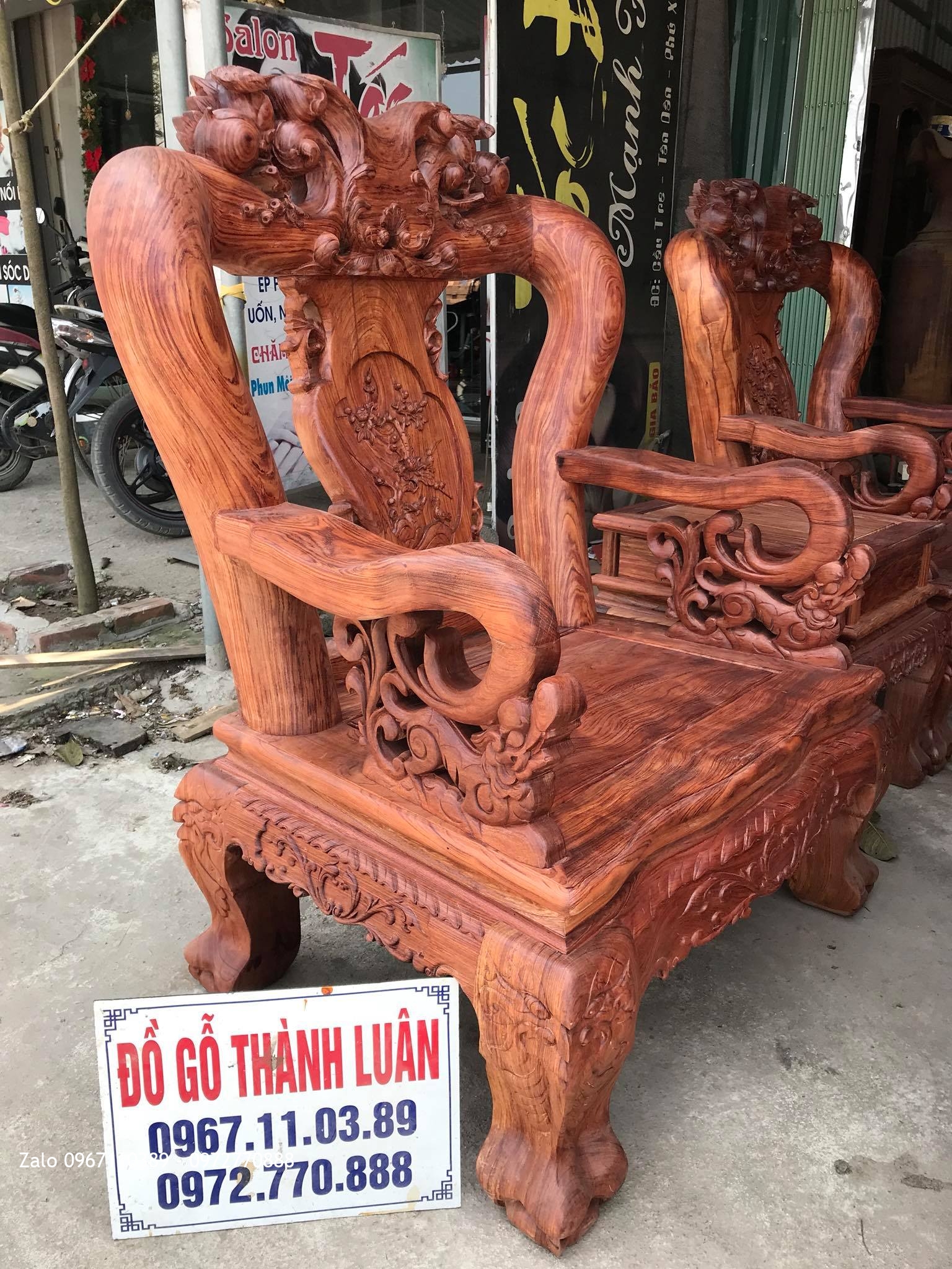 Bộ Bàn Ghế Minh Quốc Đào Chim Gỗ Cẩm Lai Cột 14 Gồm 10 Món Víp::