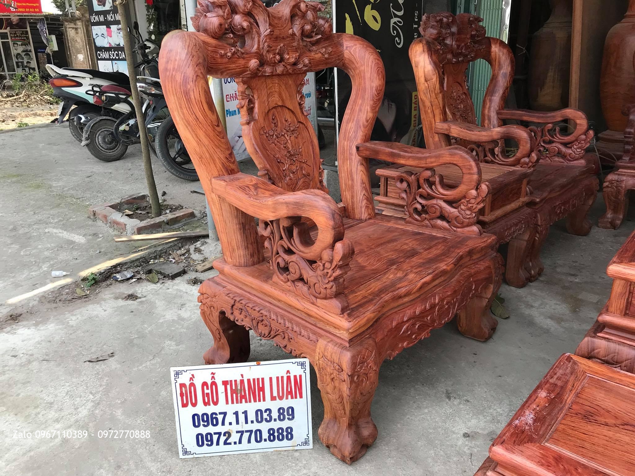 Bộ Bàn Ghế Minh Quốc Đào Chim Gỗ Cẩm Lai Cột 14 Gồm 10 Món Víp::