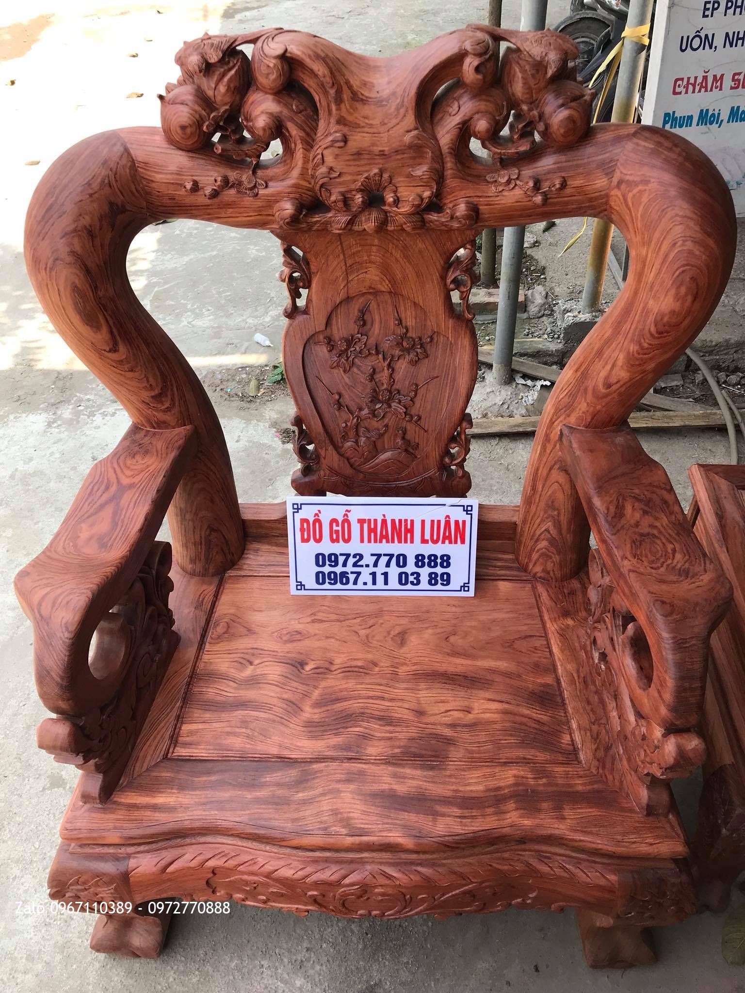 Bộ Bàn Ghế Minh Quốc Đào Chim Gỗ Cẩm Lai Cột 14 Gồm 10 Món Víp::