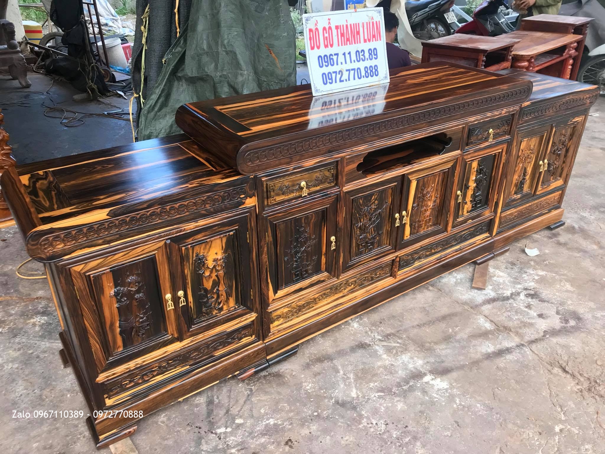 Kệ Tivi Gỗ Mun Kiểu Mõ Đồng Tiền Gỗ Mun 2m6, A Tình - Long Biên Hà Nội,,,