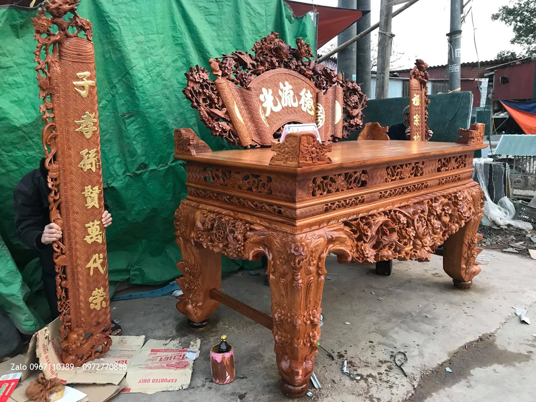 Sập Thờ Cuốn Thư Mai Điểu Gỗ Gõ Đỏ Vip, Khách Vĩnh Phúc,