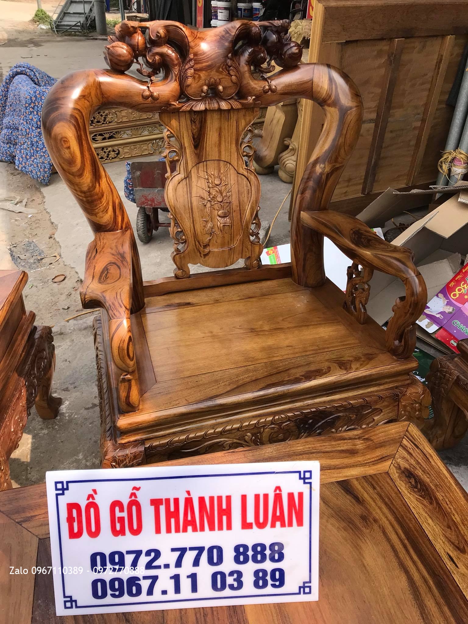 Bộ Ghế Minh Quốc Đào Gỗ Gụ Ta Quảng Bình VÍP Cột 12 Gồm 6 Món. Khách TPHCM.