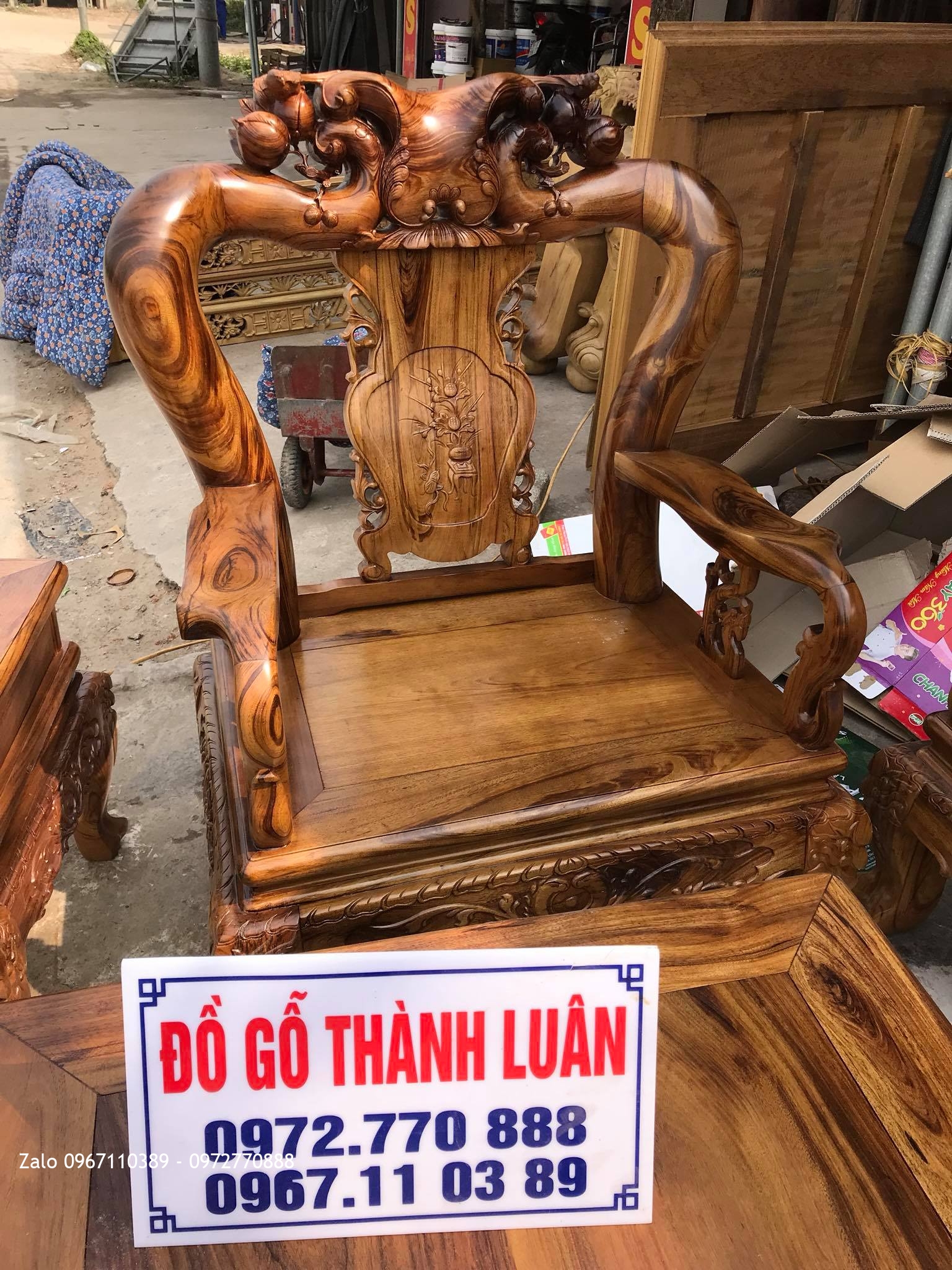 Bộ Ghế Minh Quốc Đào Gỗ Gụ Ta Quảng Bình VÍP Cột 12 Gồm 6 Món. Khách TPHCM.