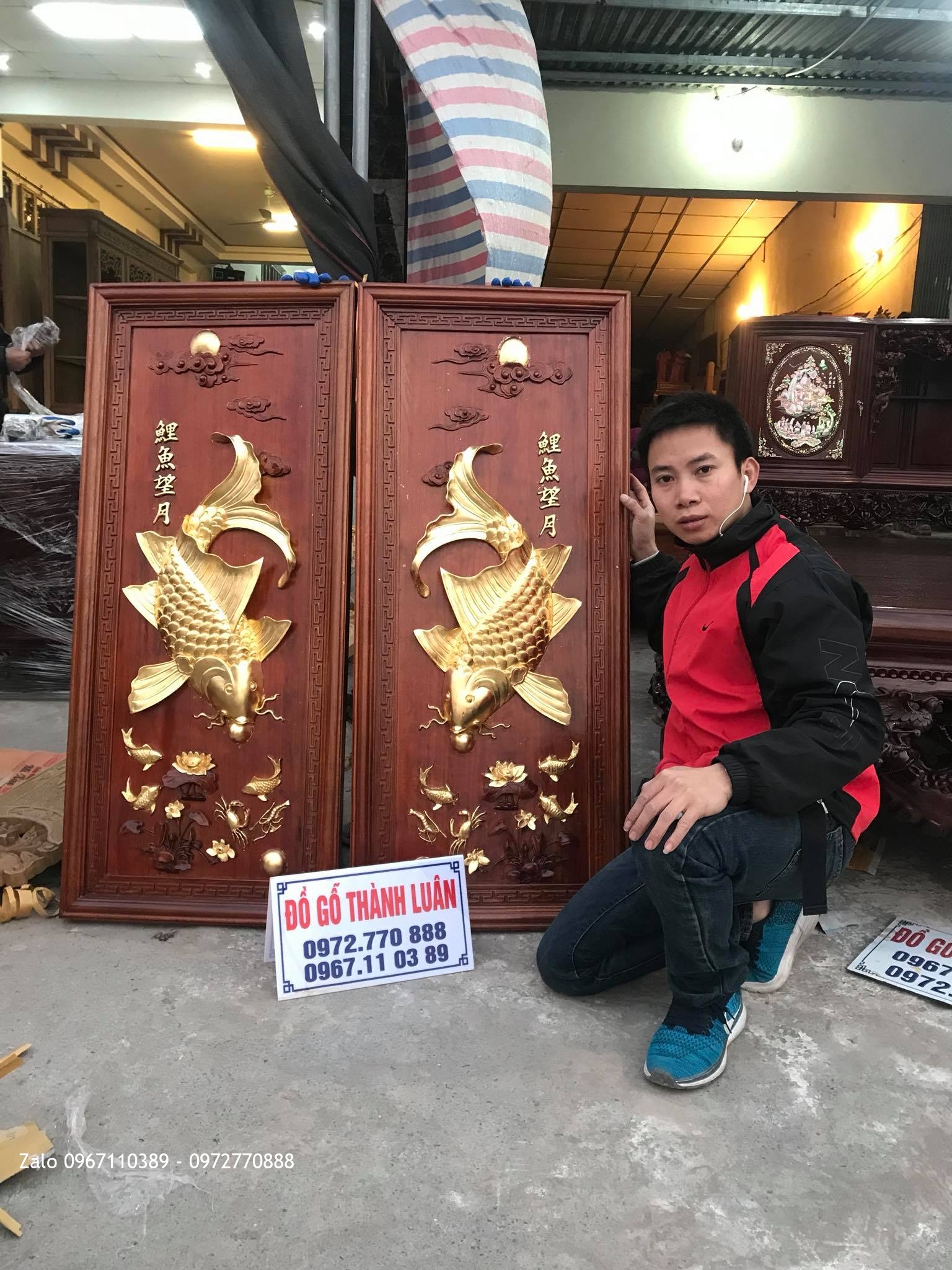 Đôi Tranh Cá Chép Gỗ Gụ 4D Dát Vàng 24k - Chú Hiền Bắc Ninh