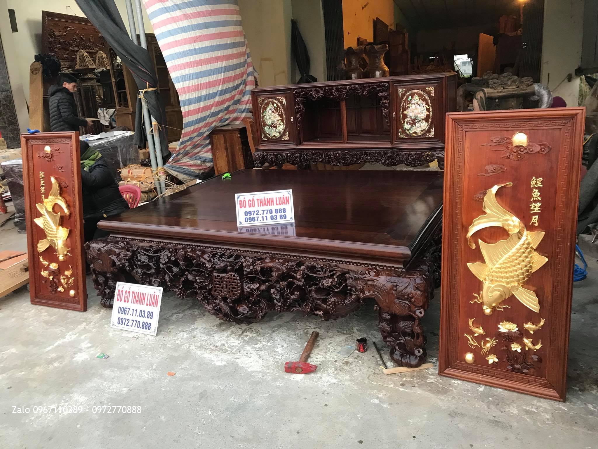 ôi Tranh Cá Chép Gỗ Gụ 4D Dát Vàng:::