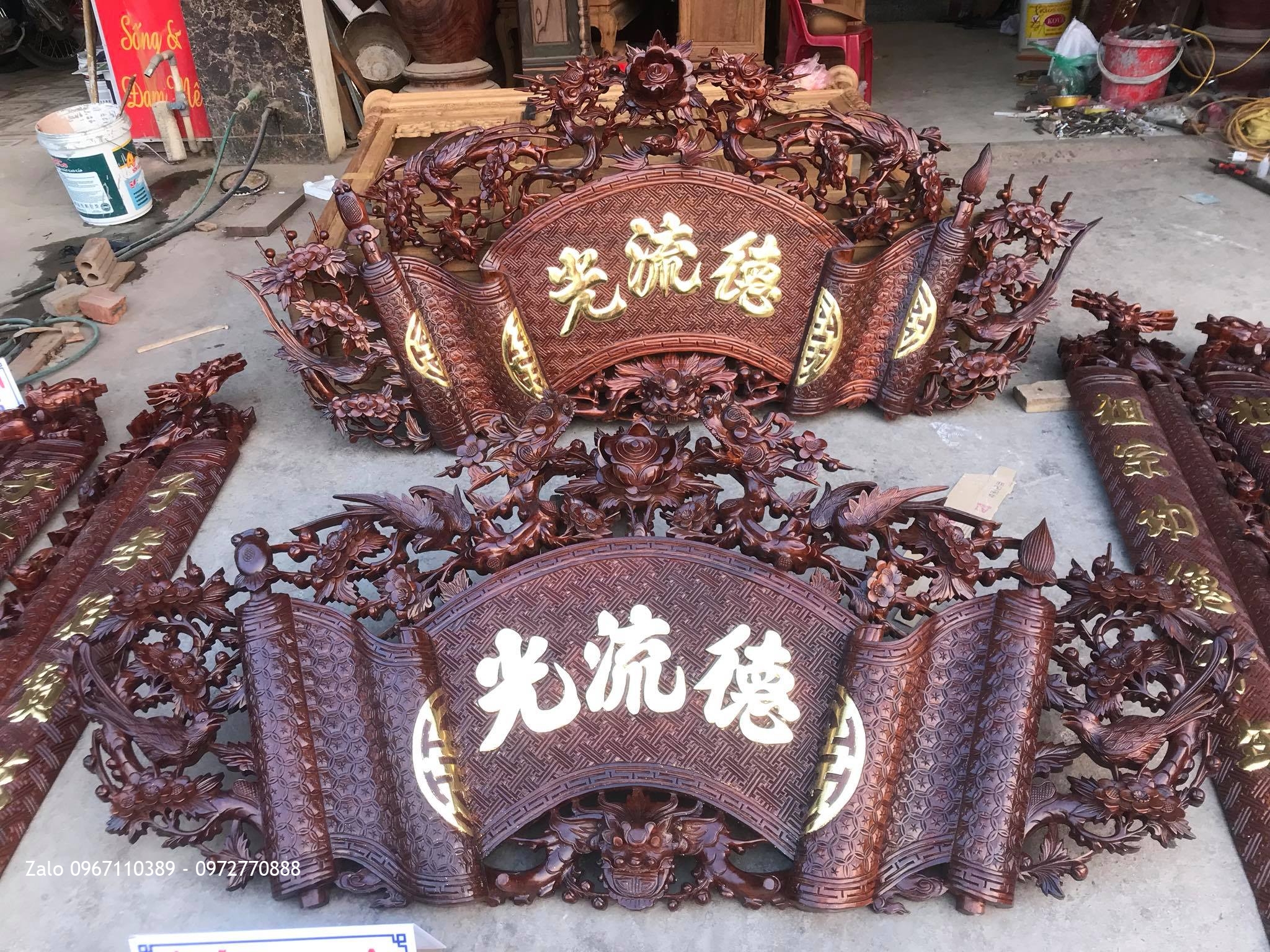 2 Bộ Cuốn Thư Câu Đối Gỗ Gụ Chữ Dát Vàng, Khách Quảng Ninh