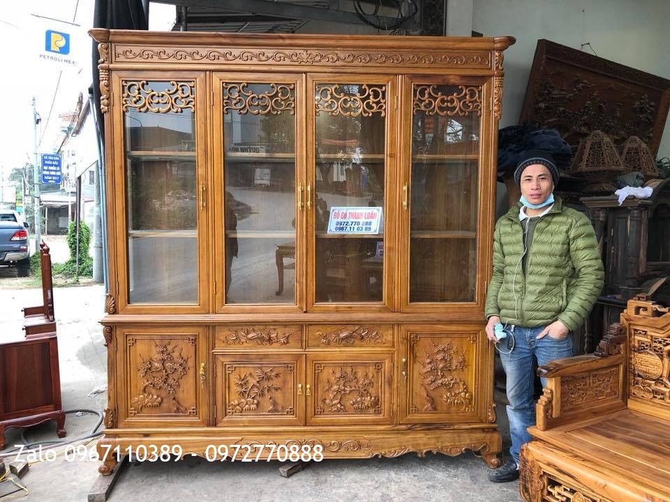 Tủ Rượu Gỗ Gụ 4 Cánh Đục Tứ Quý, Khách Thanh Hoá