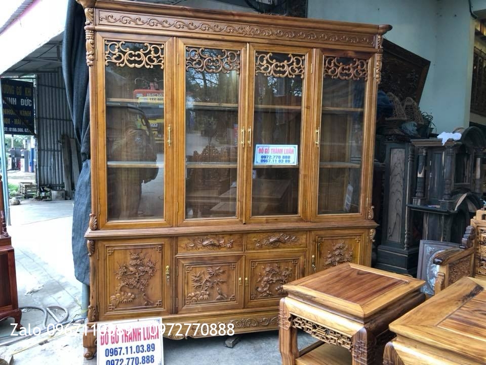 Tủ Rượu Gỗ Gụ 4 Cánh Đục Tứ Quý, Khách Thanh Hoá-