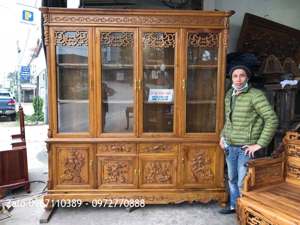 Tủ Rượu Gỗ Gụ 4 Cánh Đục Tứ Quý, Khách Thanh Hoá