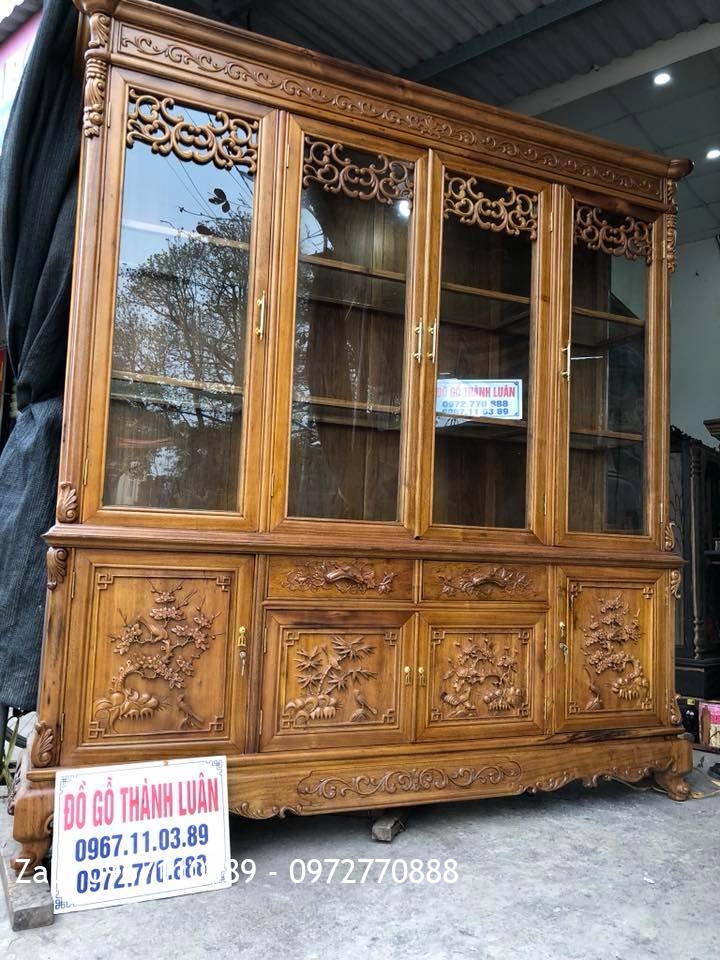 Tủ Rượu Gỗ Gụ 4 Cánh Đục Tứ Quý, Khách Thanh Hoá.