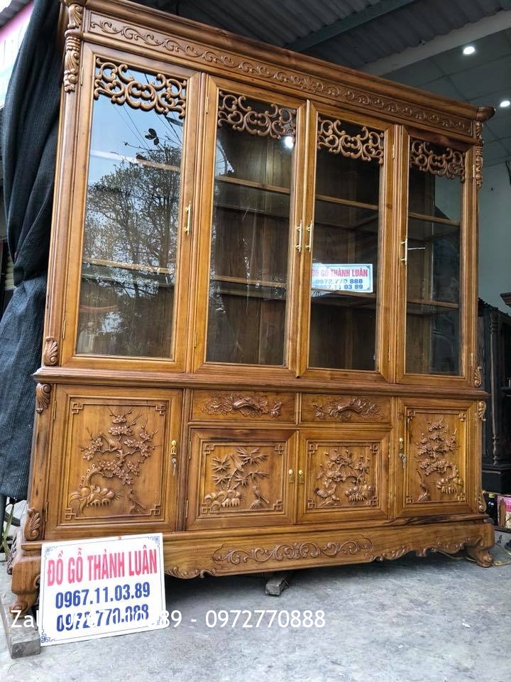 Tủ Rượu Gỗ Gụ 4 Cánh Đục Tứ Quý, Khách Thanh Hoá.