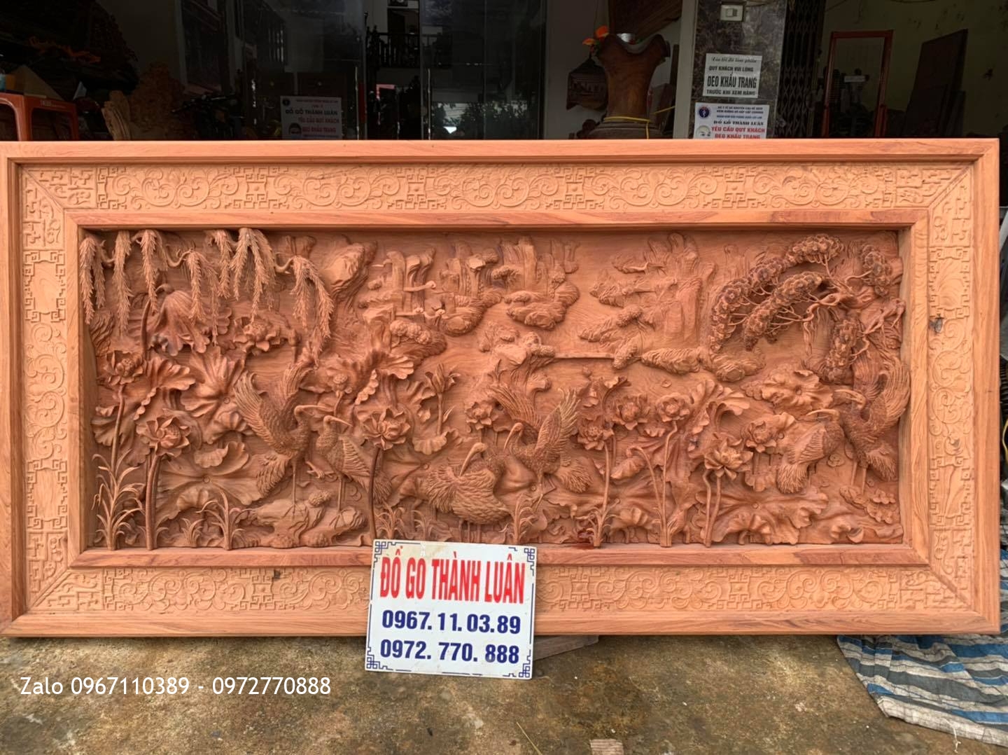 2 Bức Tranh Sen Hạc Gỗ Hương Đá Siêu Phẩm