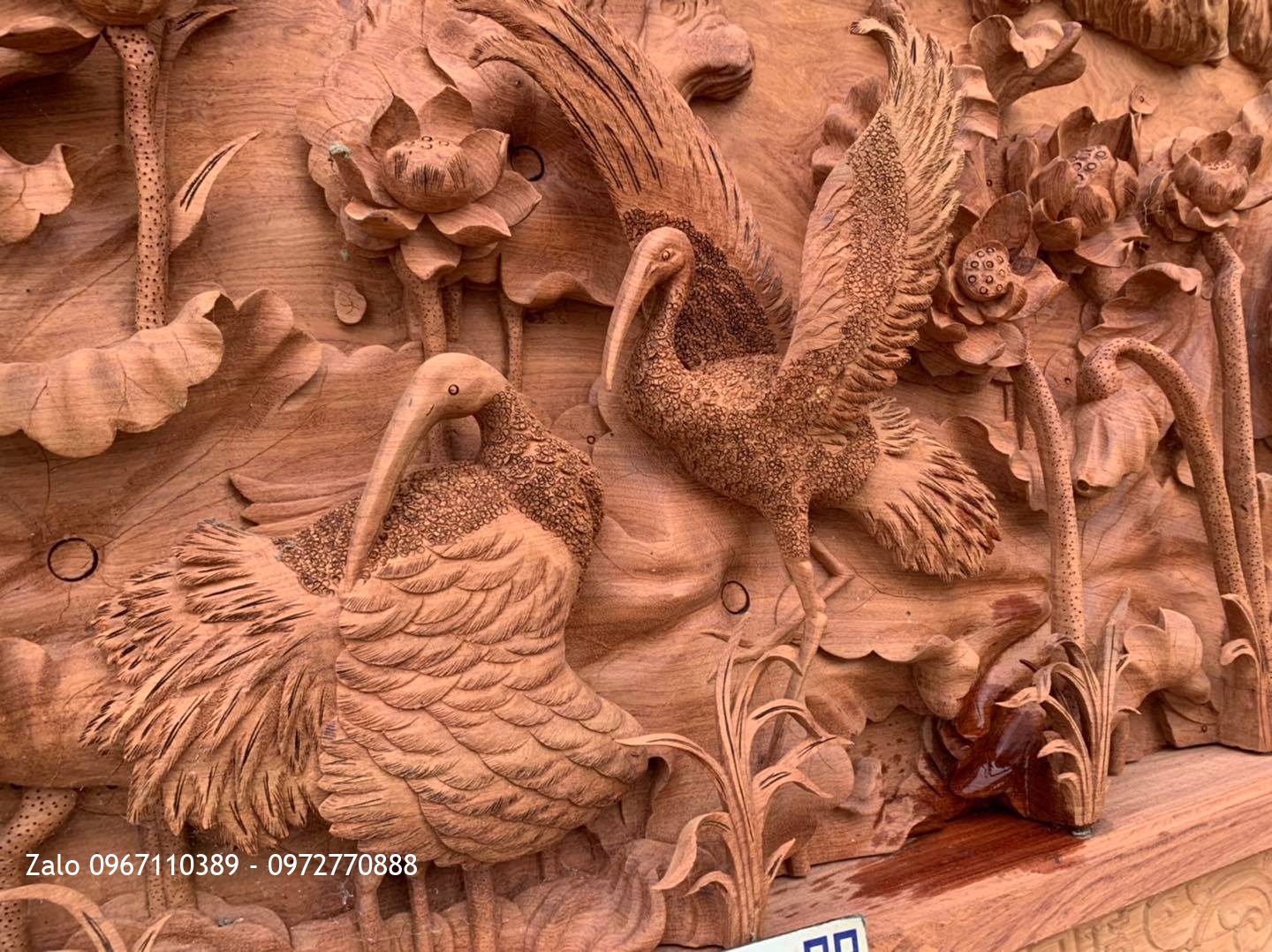 2 Bức Tranh Sen Hạc Gỗ Hương Đá Siêu Phẩm.