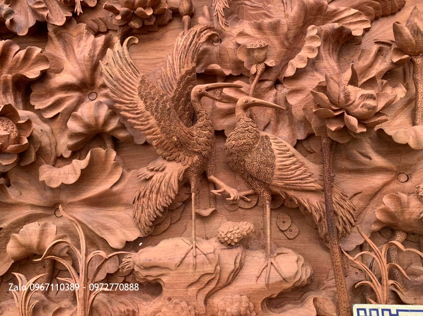 2 Bức Tranh Sen Hạc Gỗ Hương Đá Siêu Phẩm.