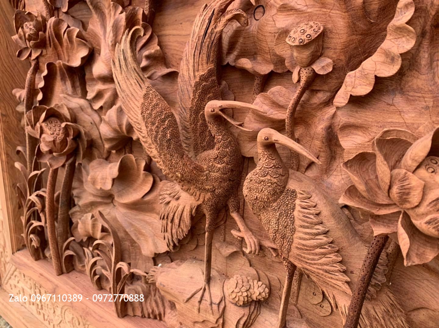 2 Bức Tranh Sen Hạc Gỗ Hương Đá Siêu Phẩm.