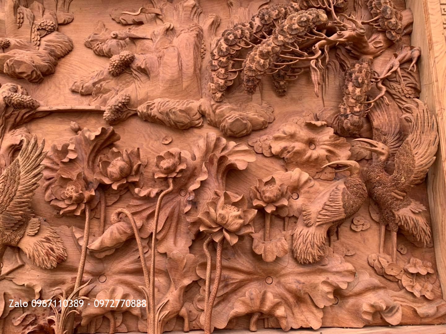 2 Bức Tranh Sen Hạc Gỗ Hương Đá Siêu Phẩm: