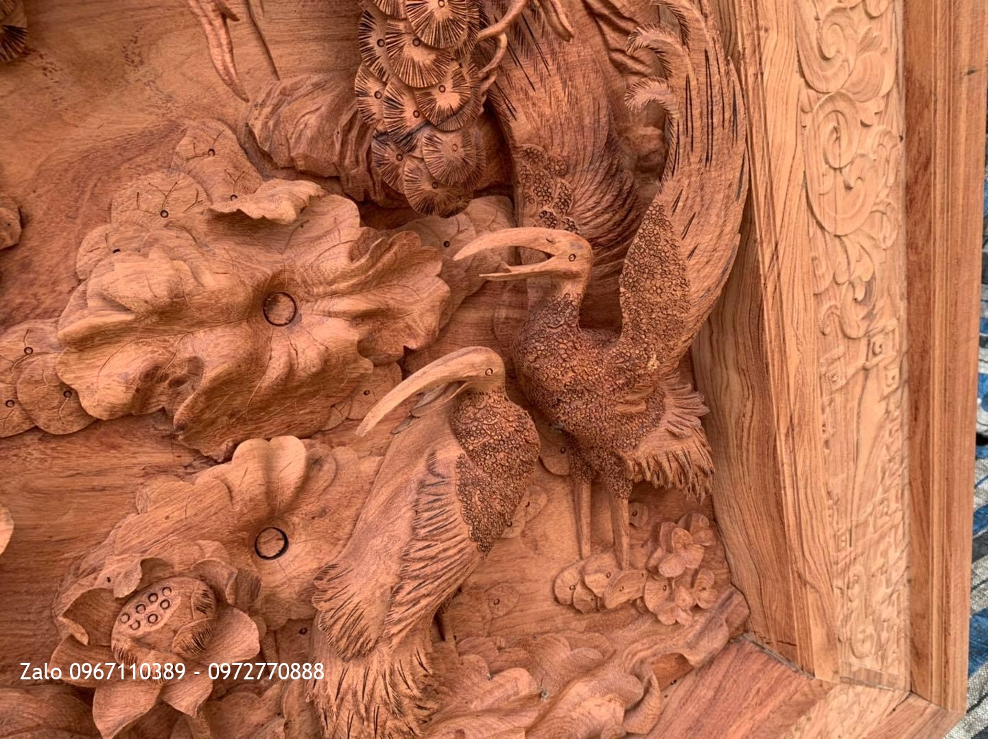 2 Bức Tranh Sen Hạc Gỗ Hương Đá Siêu Phẩm: