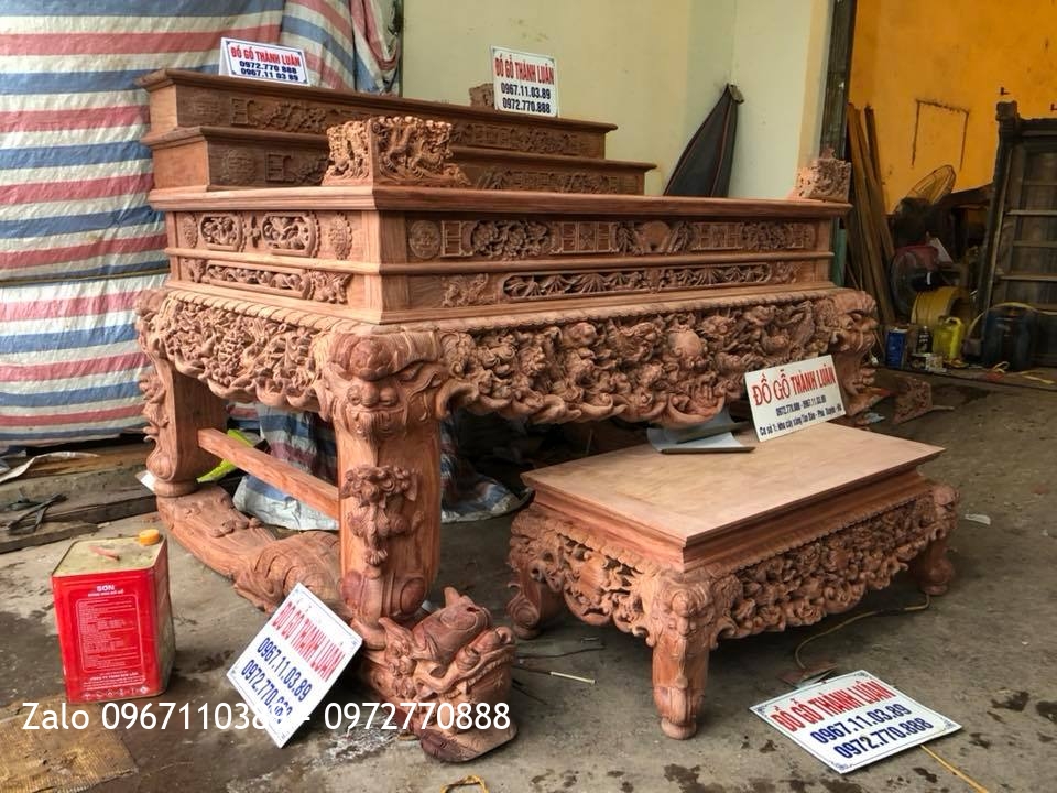 Sập Thờ Tam Cấp Gỗ Cẩm Lai Đục Tứ Linh. A Nhật Cần Thơ.