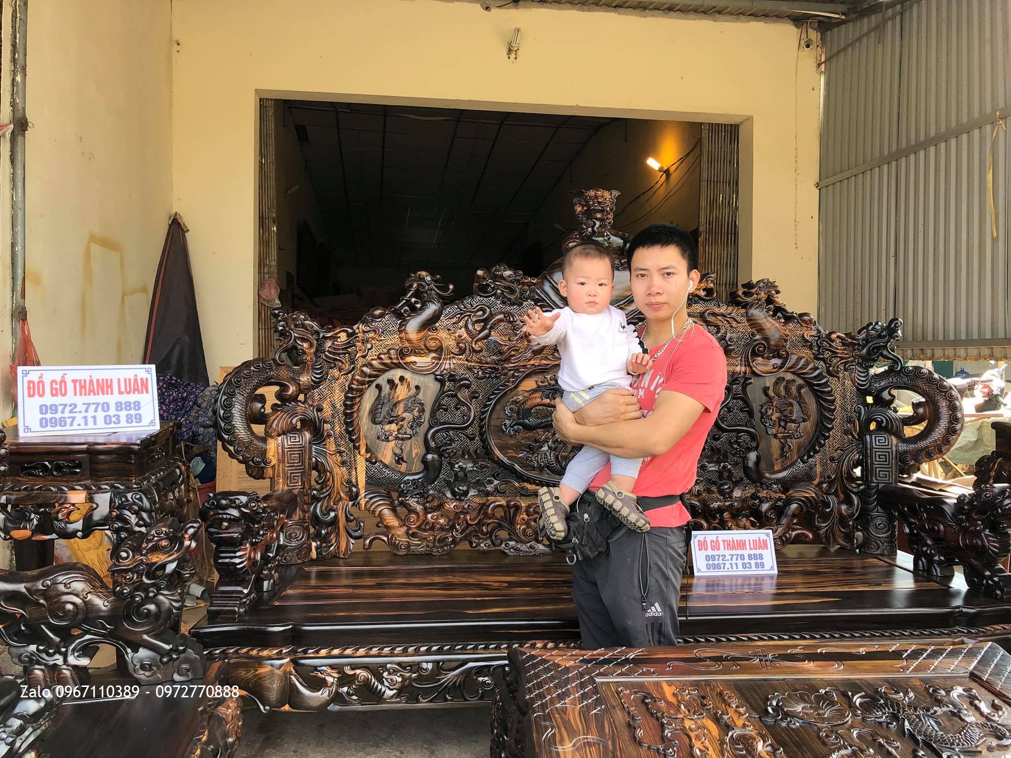 Bộ Bàn Ghế Đỉnh Rồng Gỗ Mun Gồm 12 Món, AC Tuấn Lương Bình Phước