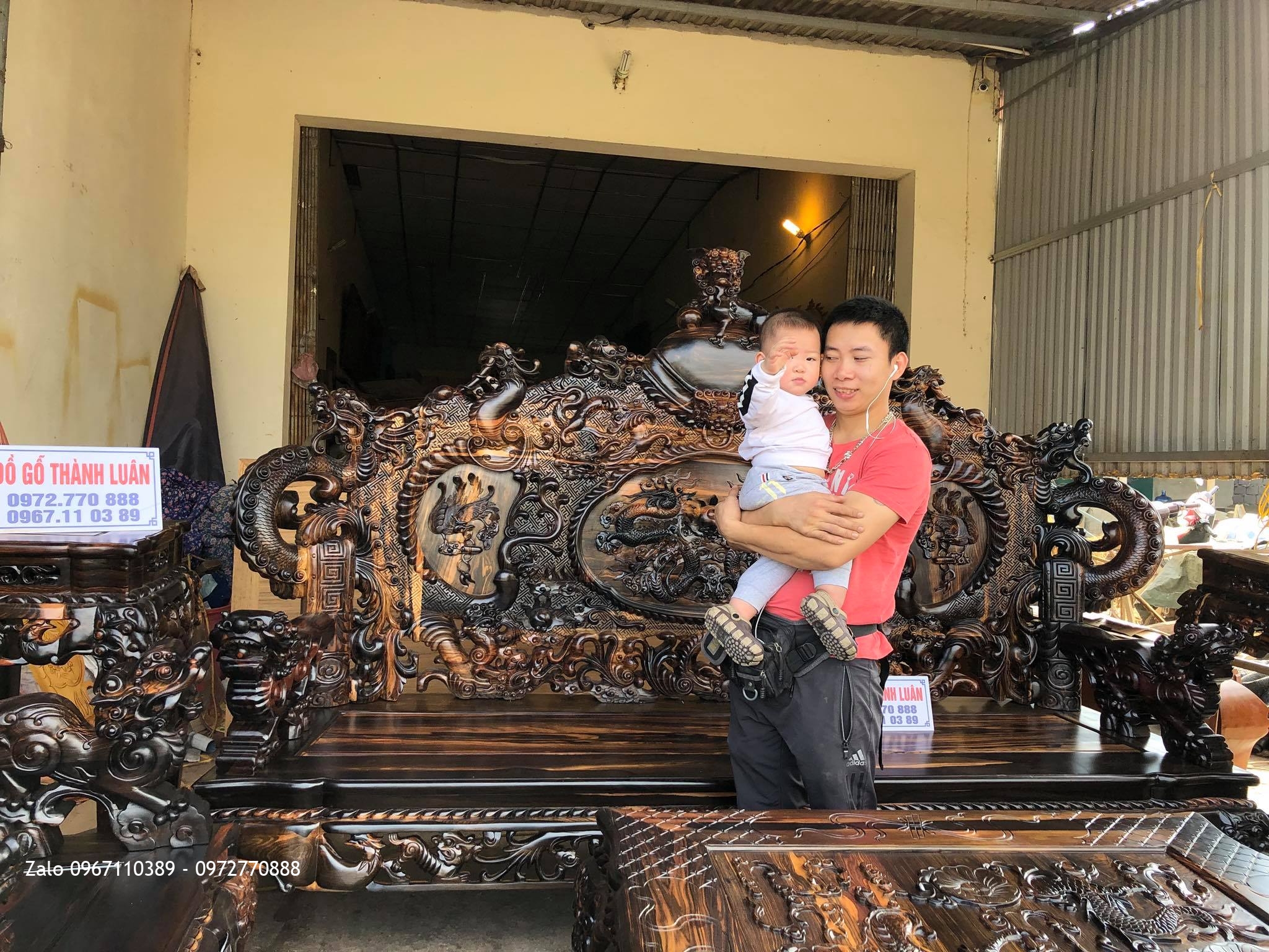 Bộ Bàn Ghế Đỉnh Rồng Gỗ Mun Gồm 12 Món, AC Tuấn Lương Bình Phước,