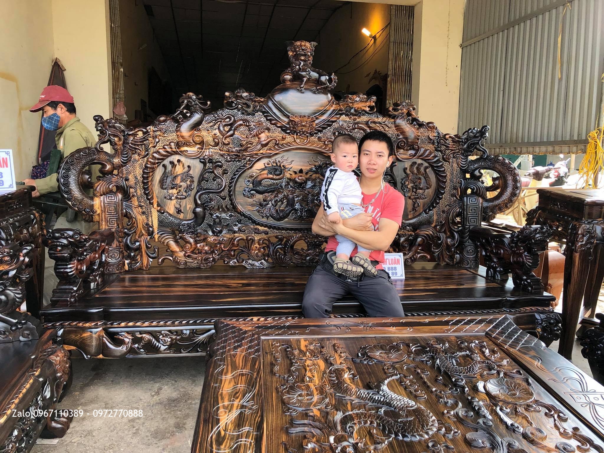 Bộ Bàn Ghế Đỉnh Rồng Gỗ Mun Gồm 12 Món, AC Tuấn Lương Bình Phước,,