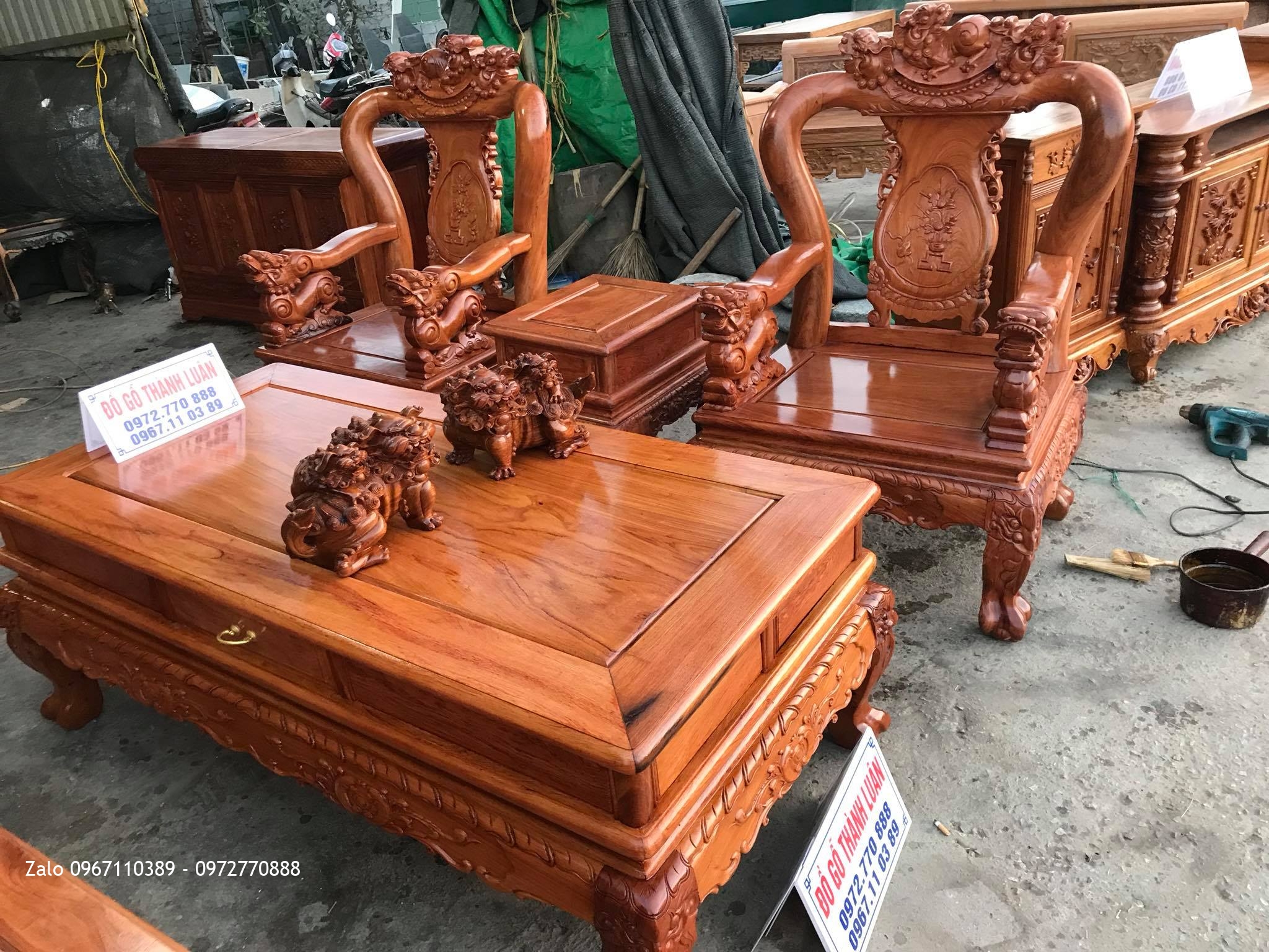 Bộ Bàn Ghế Minh Nghê Gỗ Hương, Kệ Tivi. A Đông Nha Trang.