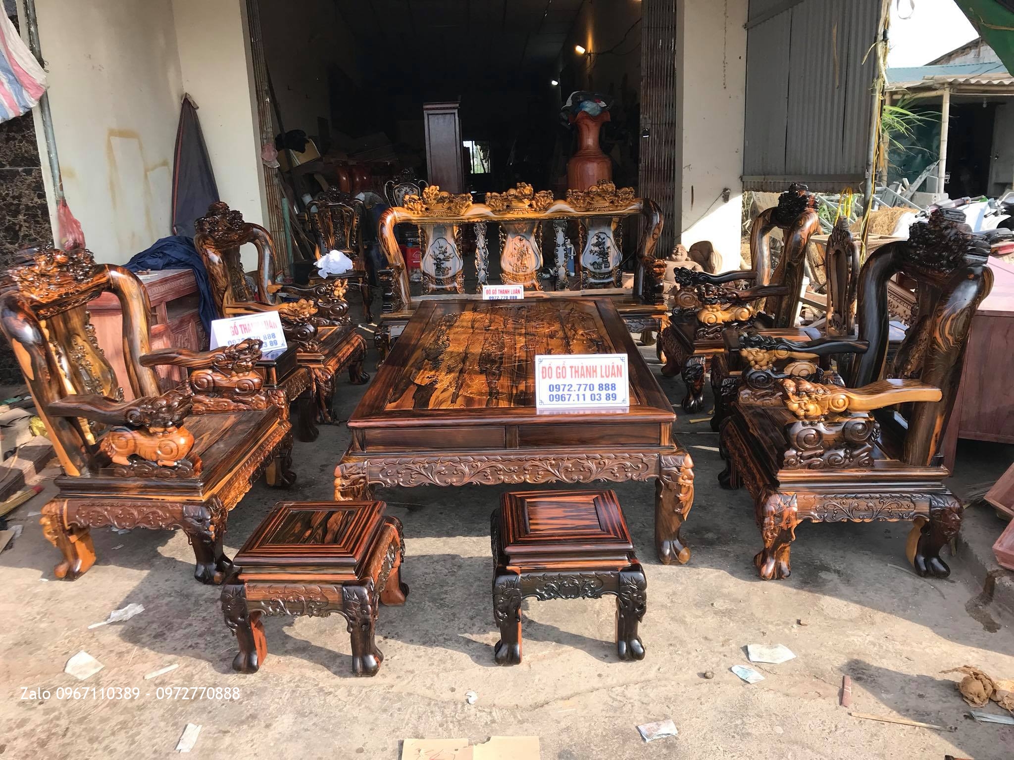 Bộ Bàn Ghế Minh Quốc Nghê Gỗ Mun Cộ 12 Gồm 10 Món. Chú Hải Kim Thành Hải Dương