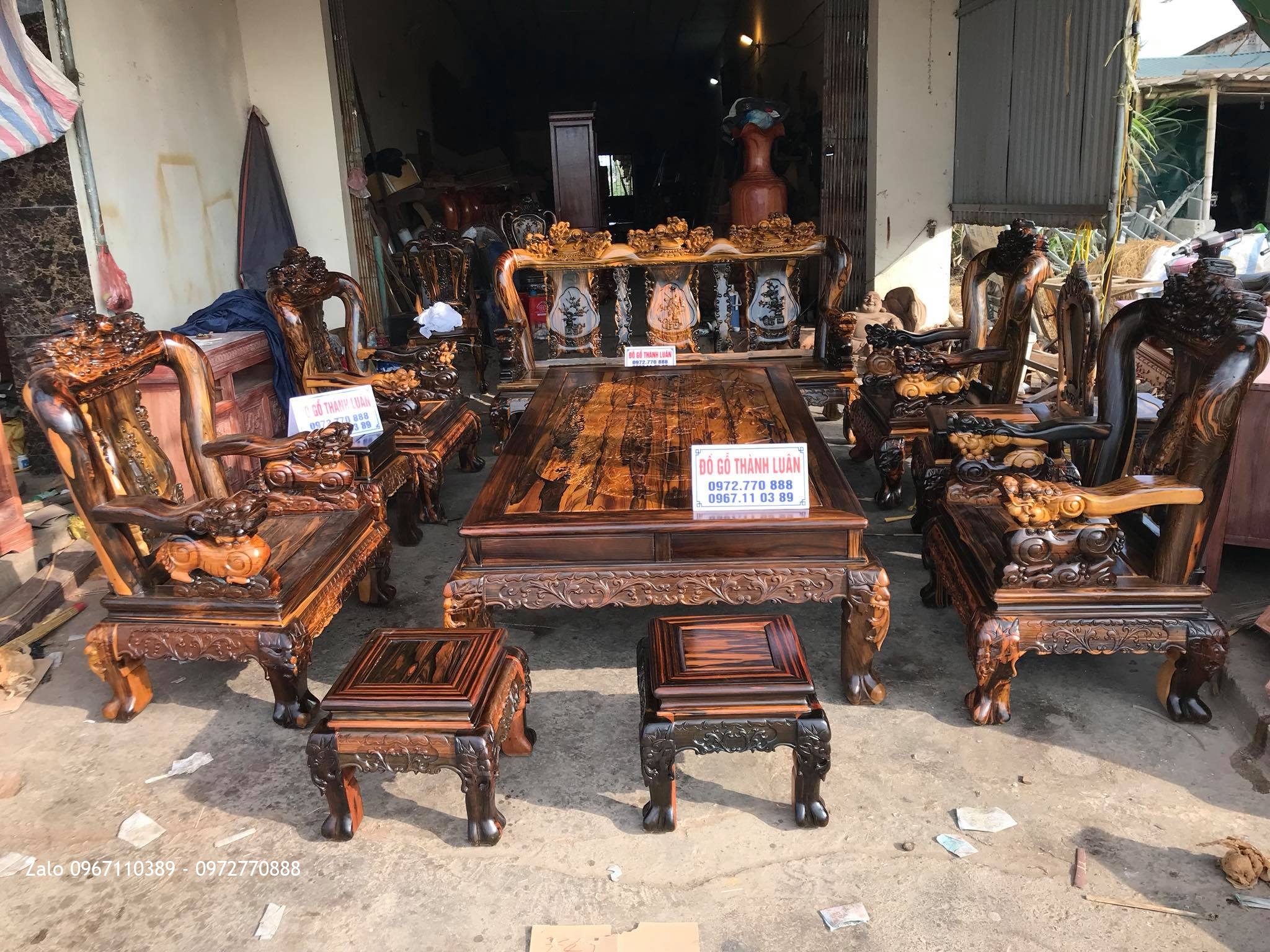 Bộ Bàn Ghế Minh Quốc Nghê Gỗ Mun Cộ 12 Gồm 10 Món. Chú Hải Kim Thành Hải Dương.