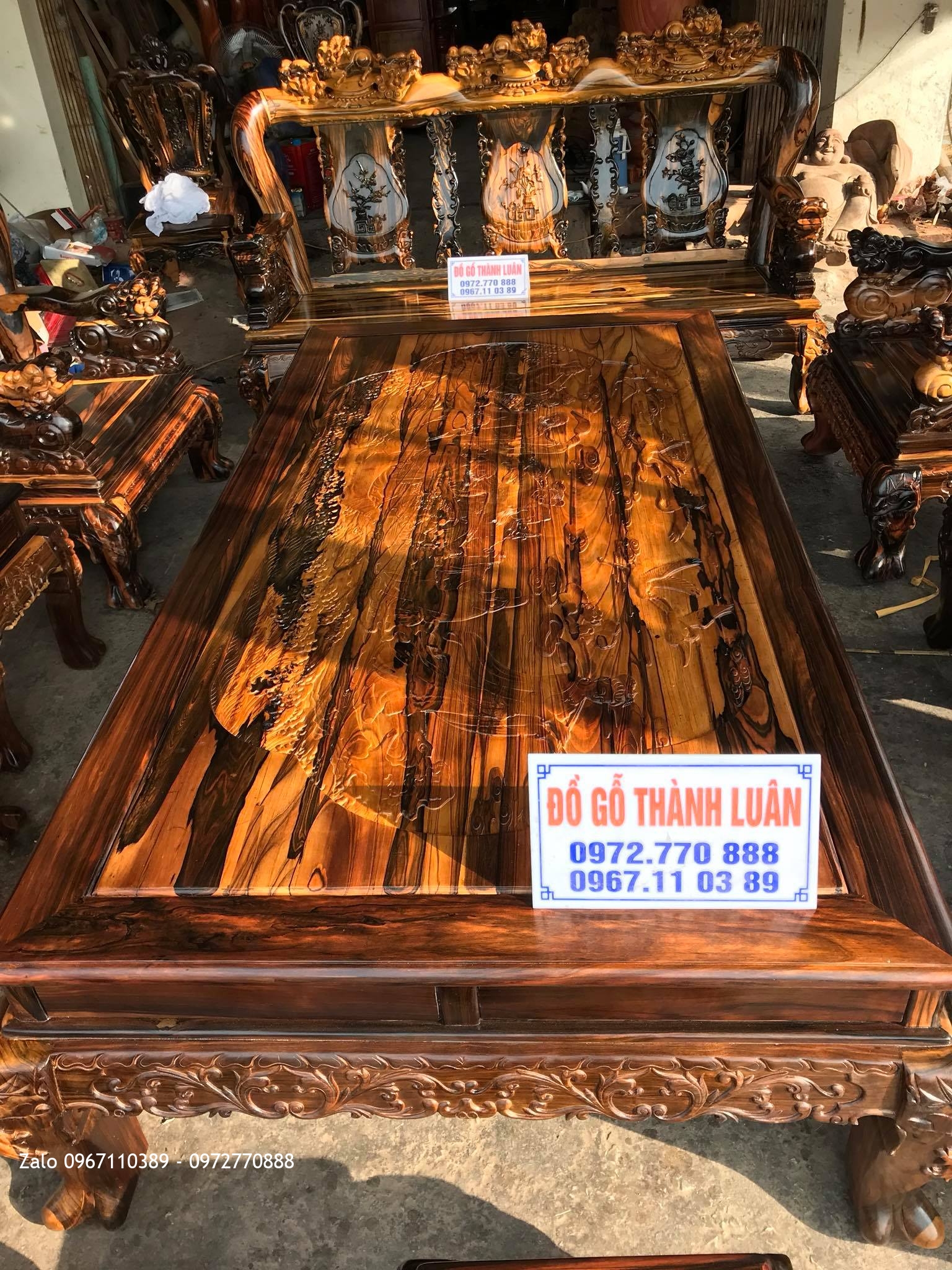 Bộ Bàn Ghế Minh Quốc Nghê Gỗ Mun Cộ 12 Gồm 10 Món. Chú Hải Kim Thành Hải Dương.