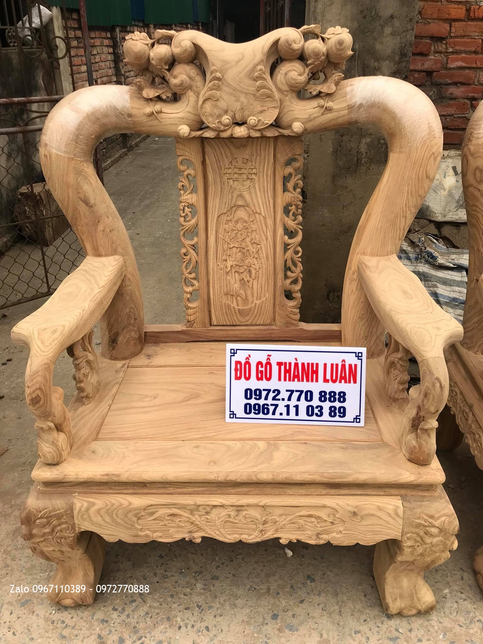 Bộ Ghế Minh Quốc Đào Gỗ Hương Vân Cột 14 -10 Món. A Đức Bình Định