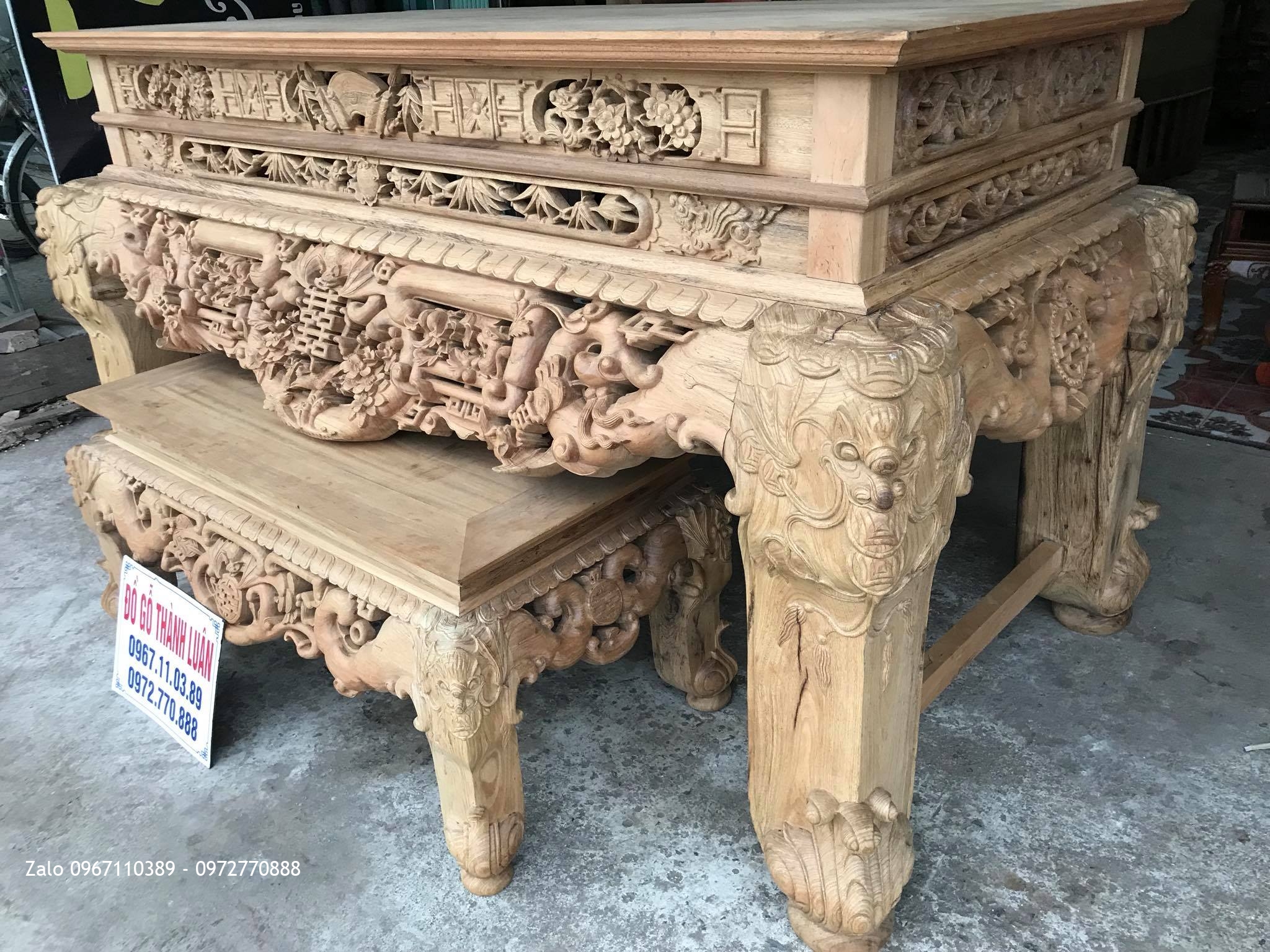 Bộ Sập Thờ Ngũ Phúc Kim Tiền Mai Cài Thọ Gỗ Gụ,