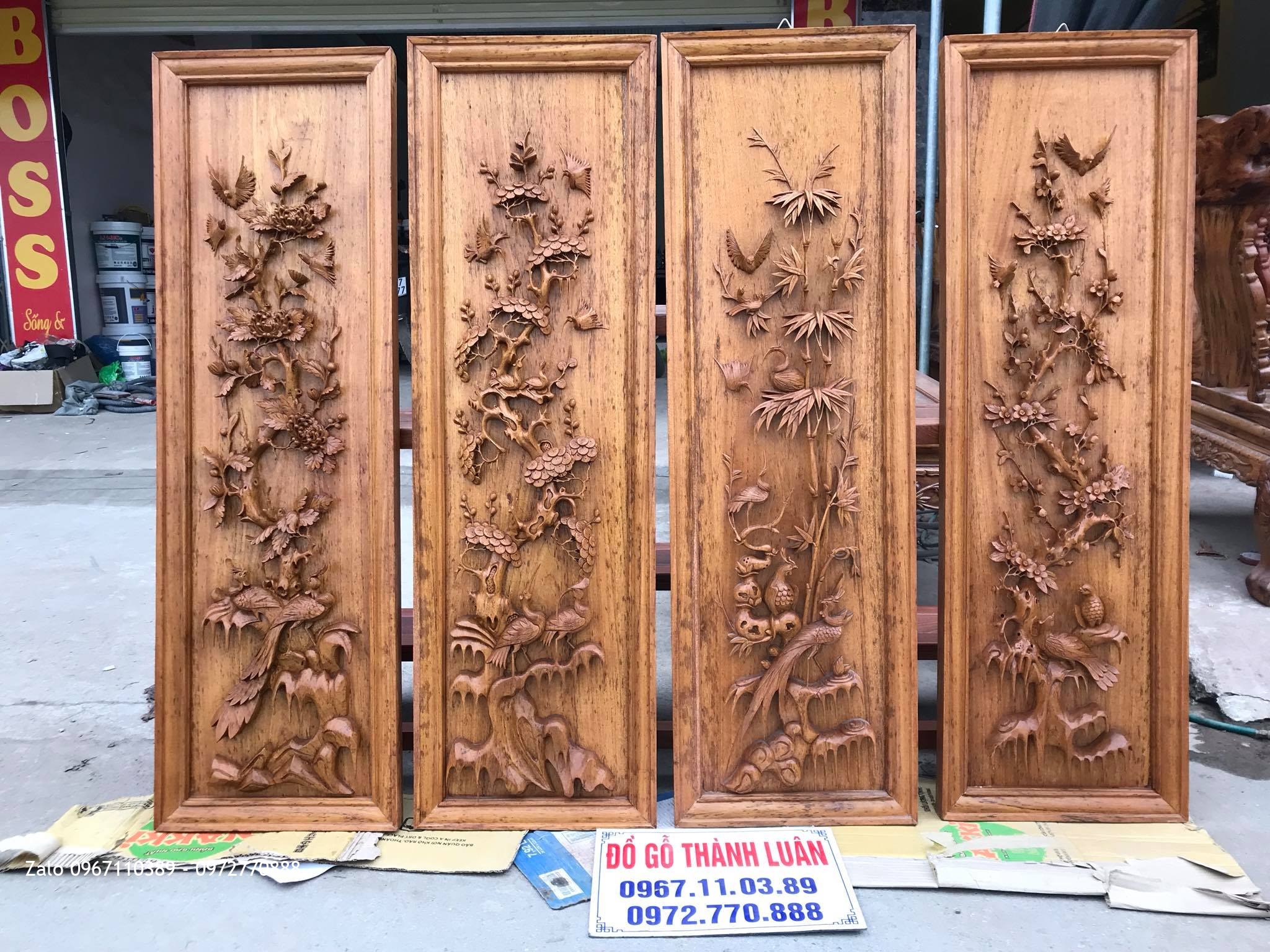 Bộ Tranh Tứ Quý (Tùng Cúc Trúc Mai) Gỗ Gụ. AC Hà Nhân Cà Mau.
