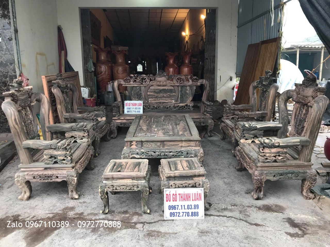 Bộ Bàn Ghế Nghê Bảo Đỉnh Gỗ Mun Cột 12 Gồm 10 Món VIP