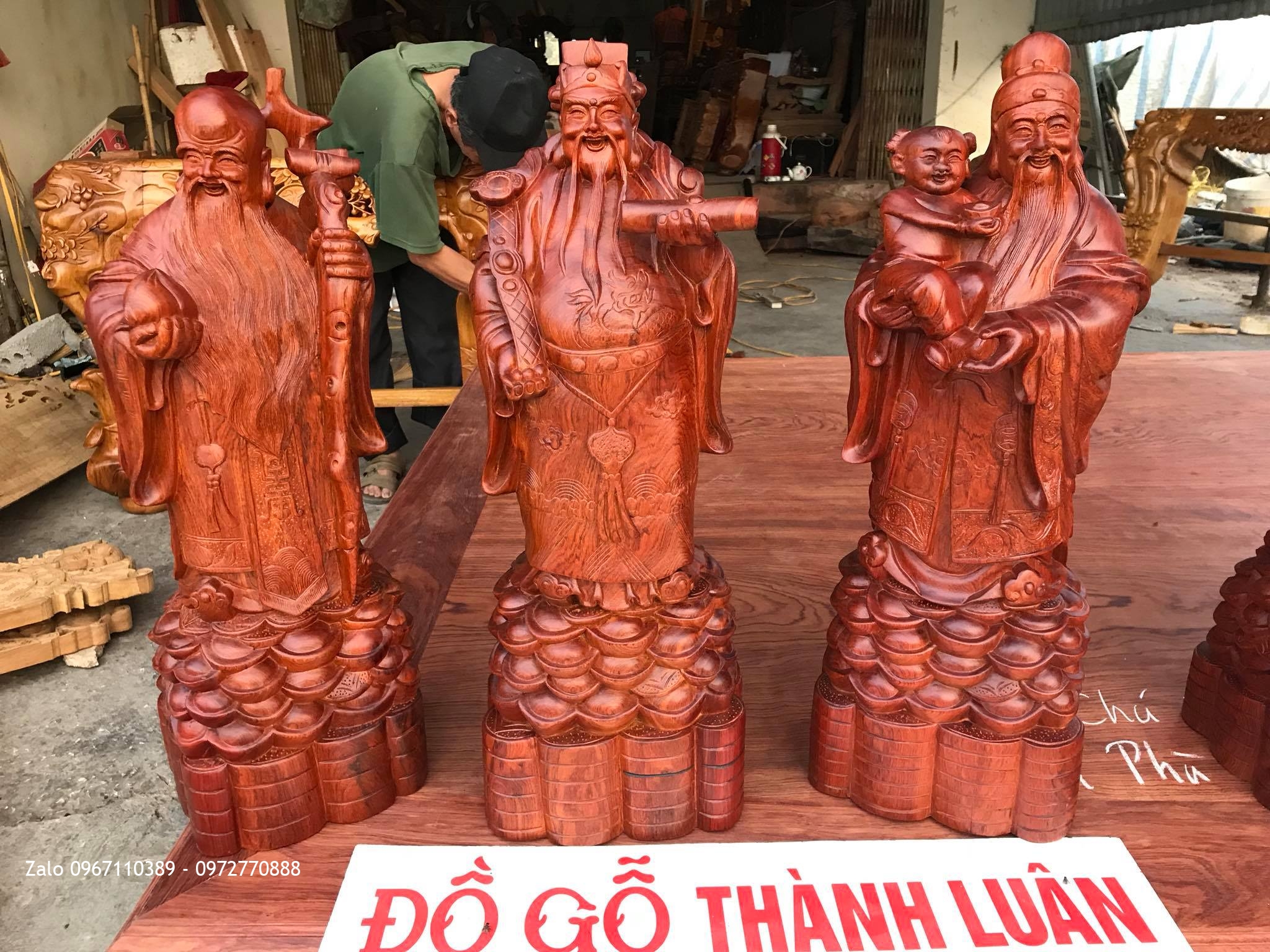 2 Bộ Tam Đa Cao 60 (Phúc Lộc Thọ) Gỗ Hương Đỏ Lào.