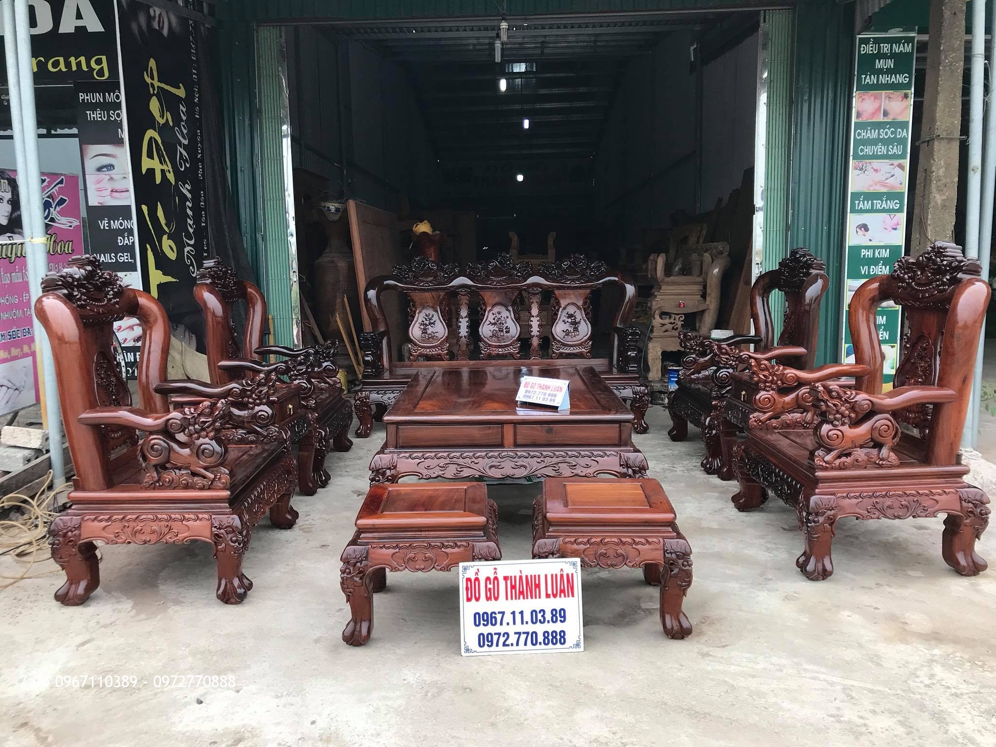 Bộ bàn ghế Minh Nghê Gỗ Cẩm Lai Lào C12,10 Món VÍP. Bác Ngọc Văn Giang Hưng Yên.