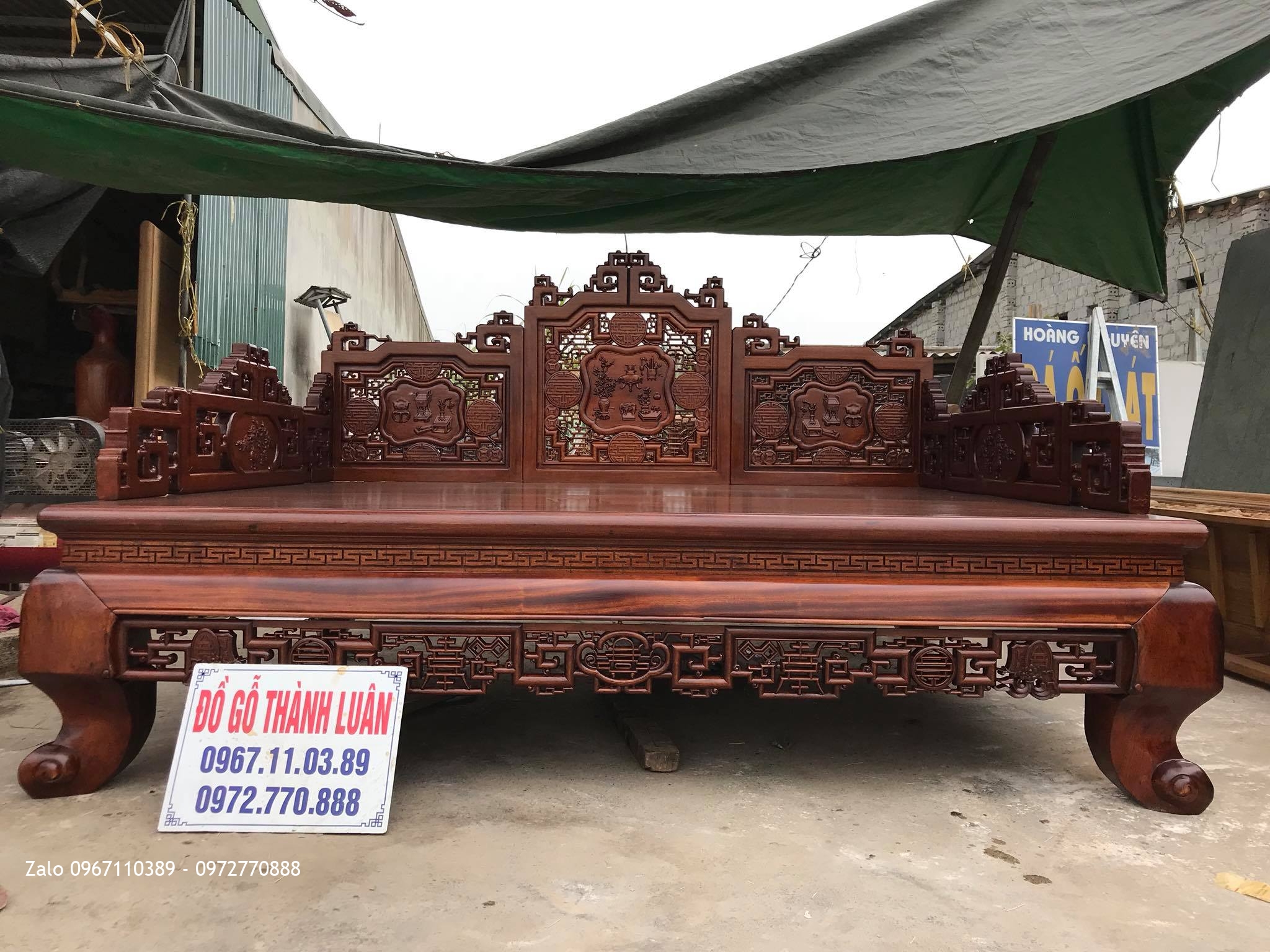 Sập 3 Thành Gỗ Gụ Đục Cổ 1m8 x 2m2. Khách Thái Bình,