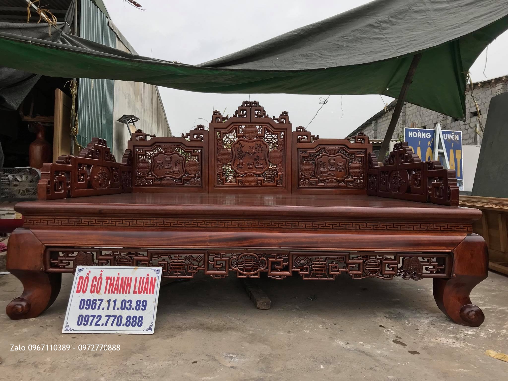 Sập 3 Thành Gỗ Gụ Đục Cổ 1m8 x 2m2. Khách Thái Bình.