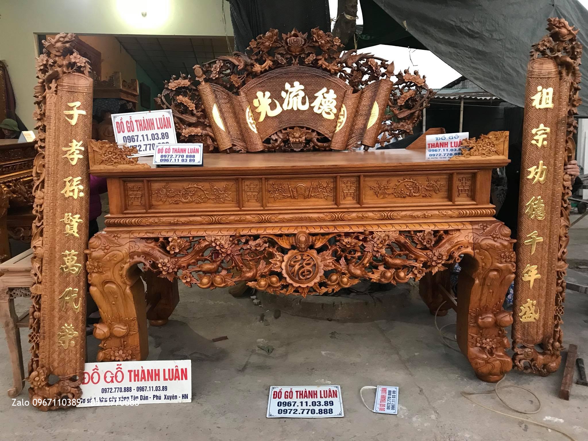 Sập Thờ Mai Điểu, Cuốn Thư Câu Đối Gỗ Gụ VIP. A Bình Vĩnh Phúc.