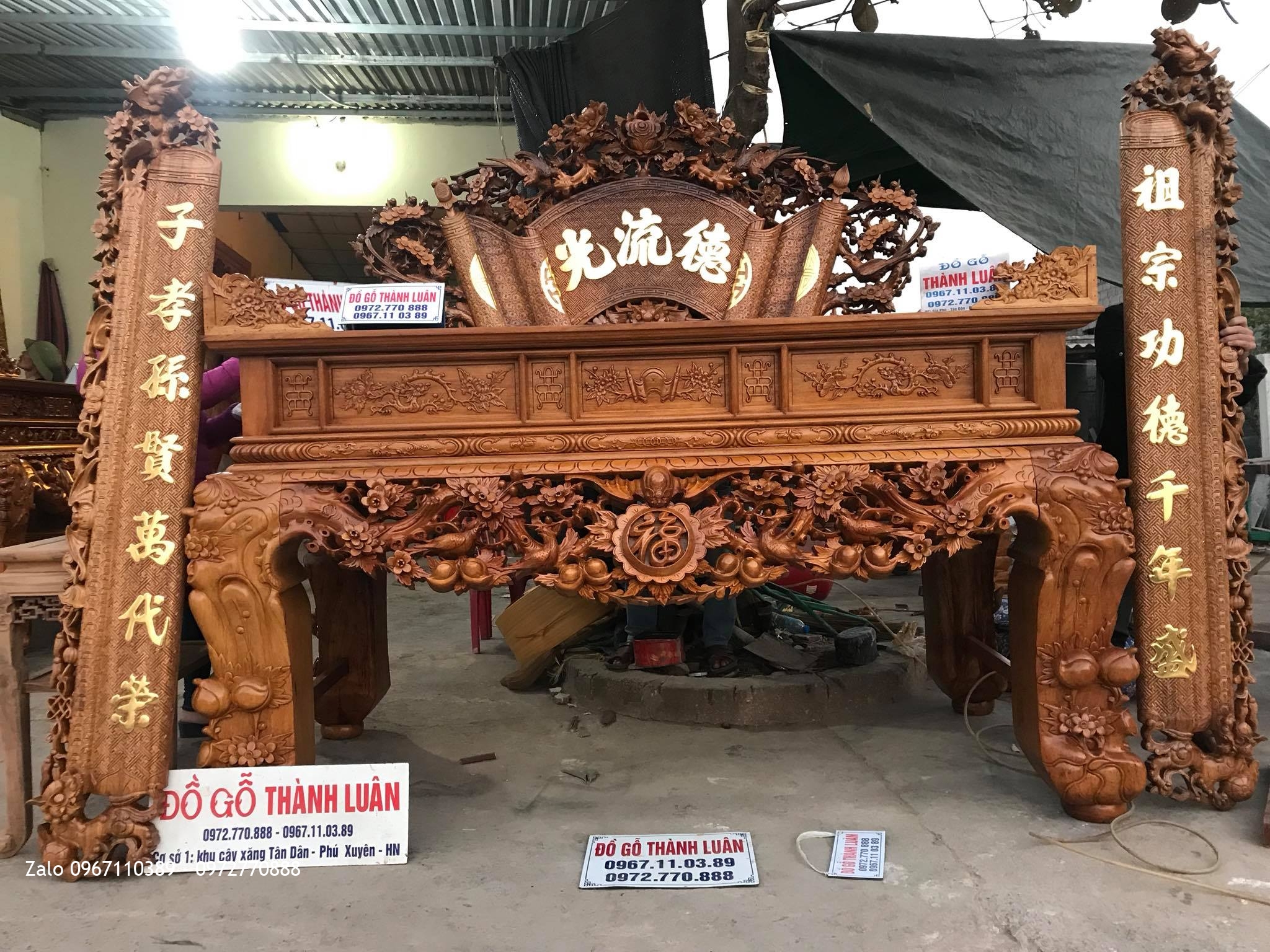 Sập Thờ Mai Điểu, Cuốn Thư Câu Đối Gỗ Gụ VIP. A Bình Vĩnh Phúc.