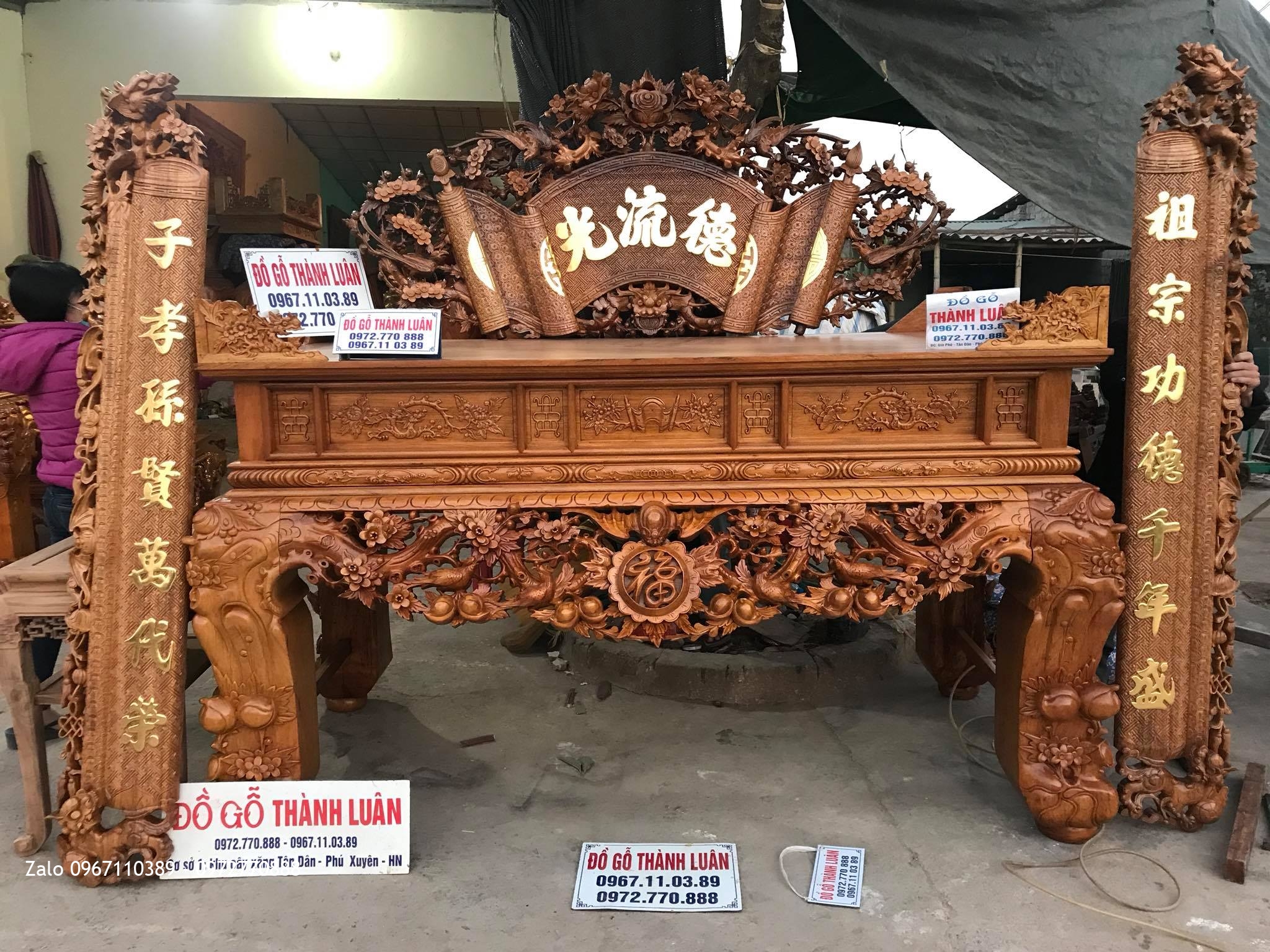 Sập Thờ Mai Điểu, Cuốn Thư Câu Đối Gỗ Gụ VIP. A Bình Vĩnh Phúc.