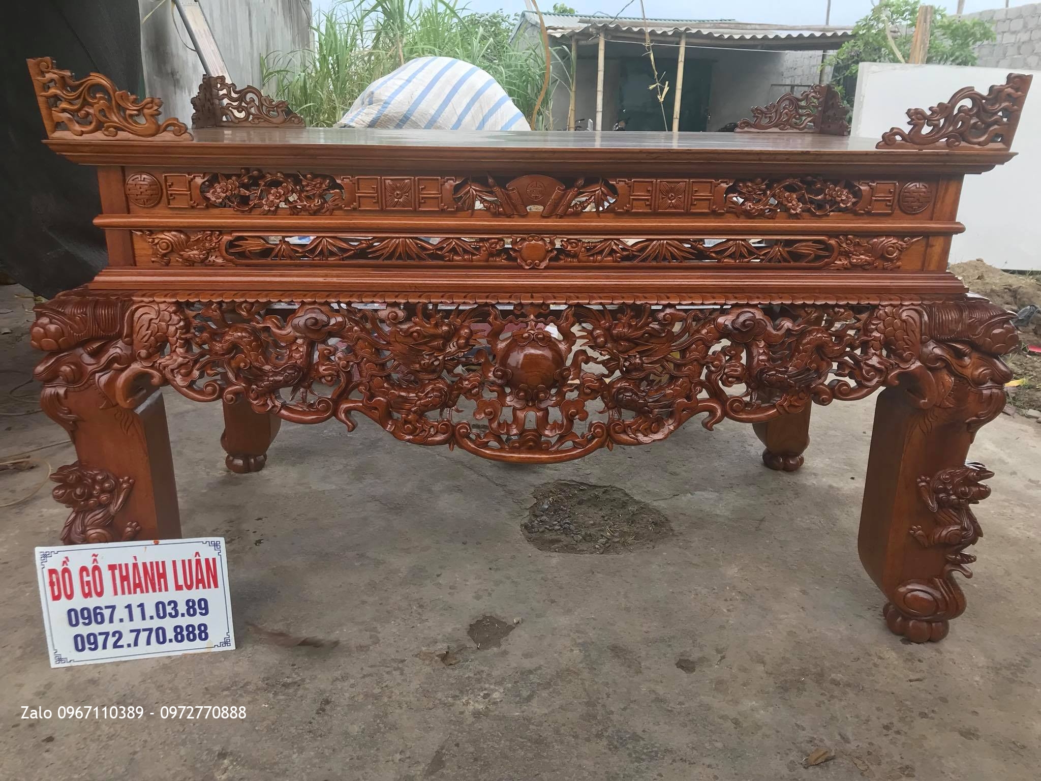 Sập Thờ Lưỡng Long Trầu Mặt Nguyệt Gỗ Gụ. AC Đô Tươi Thường Tín HN