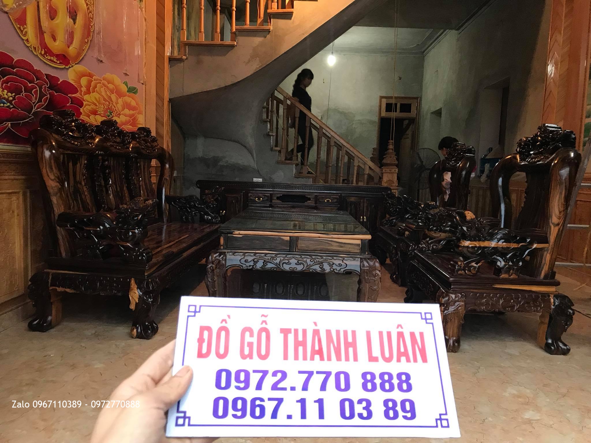 Bộ Bàn Ghế Minh Quốc Nghê Cột 13, Kệ Tivi Gỗ Mun. AC Đô Tươi Thường Tín HN